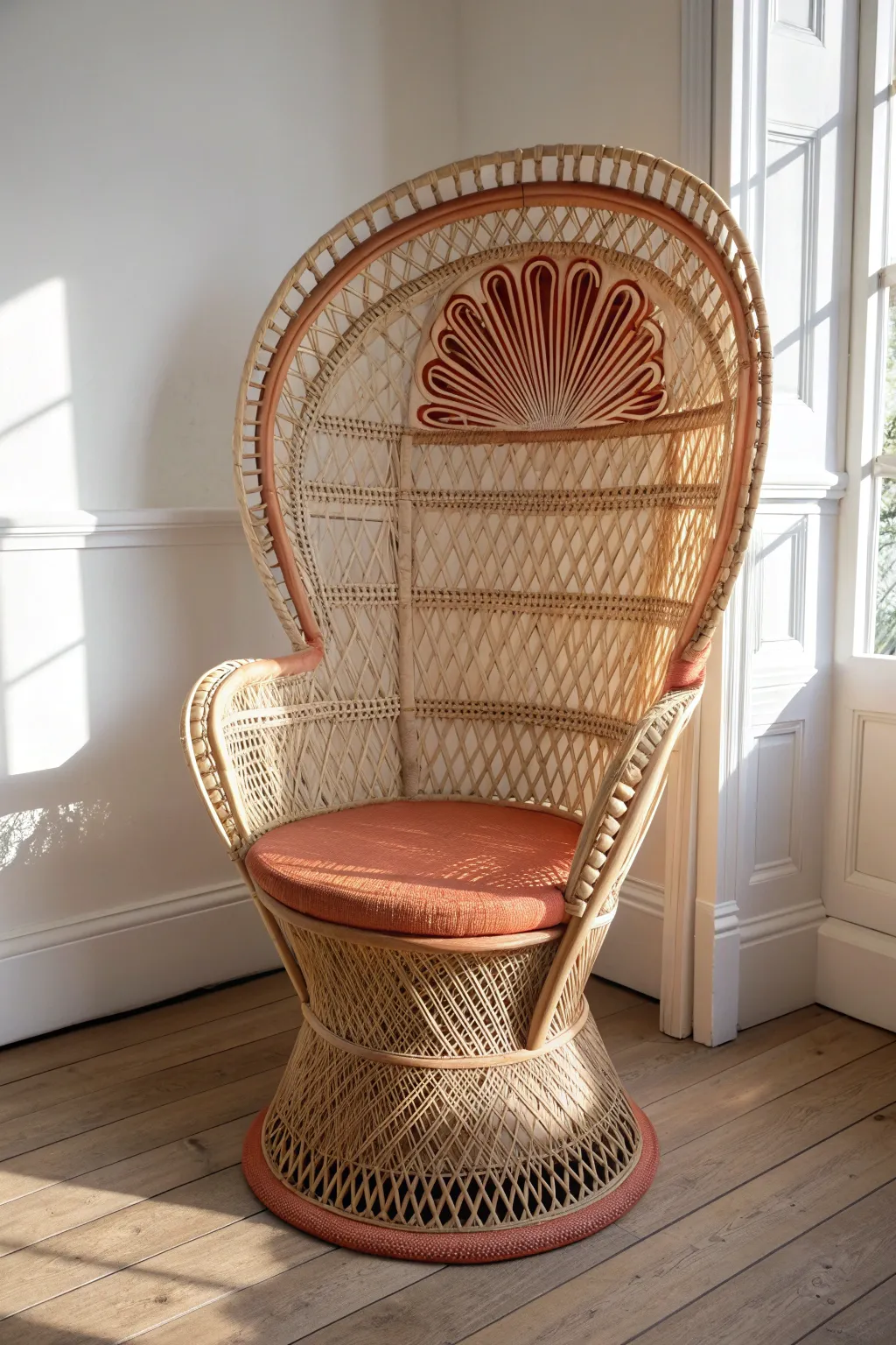 Ombre-painted peacock chair in soft blush-to-sand fade for airy boho minimal vibes.