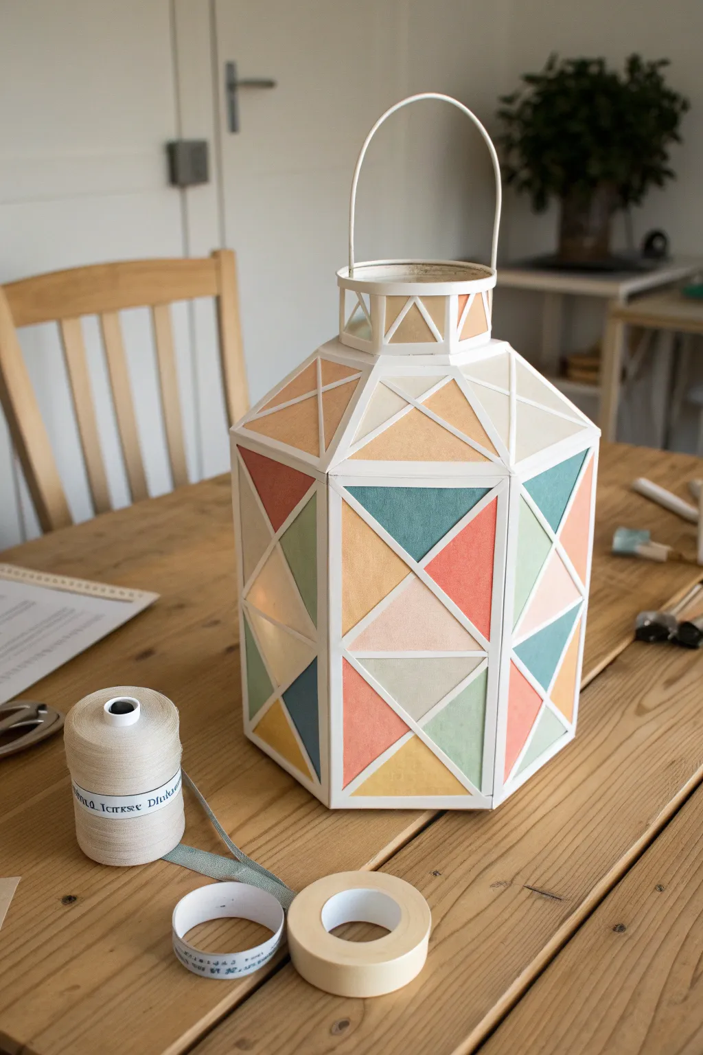Paint a paper lantern in modern geometric color blocks using masking tape for crisp minimalist lines