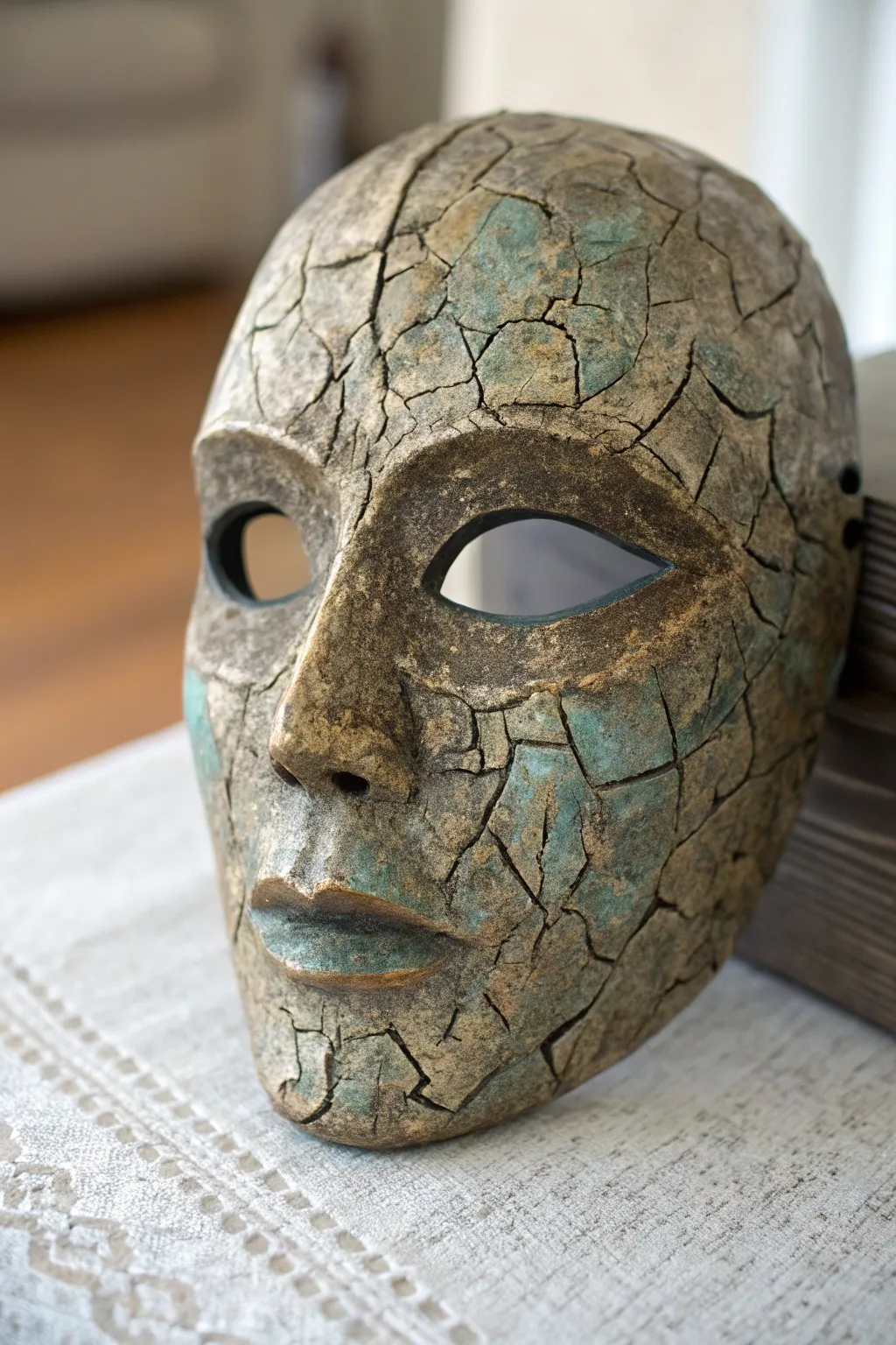 Stone meets patina: a textured paper mache mask finish with pitted depth and dry-brushed layers.