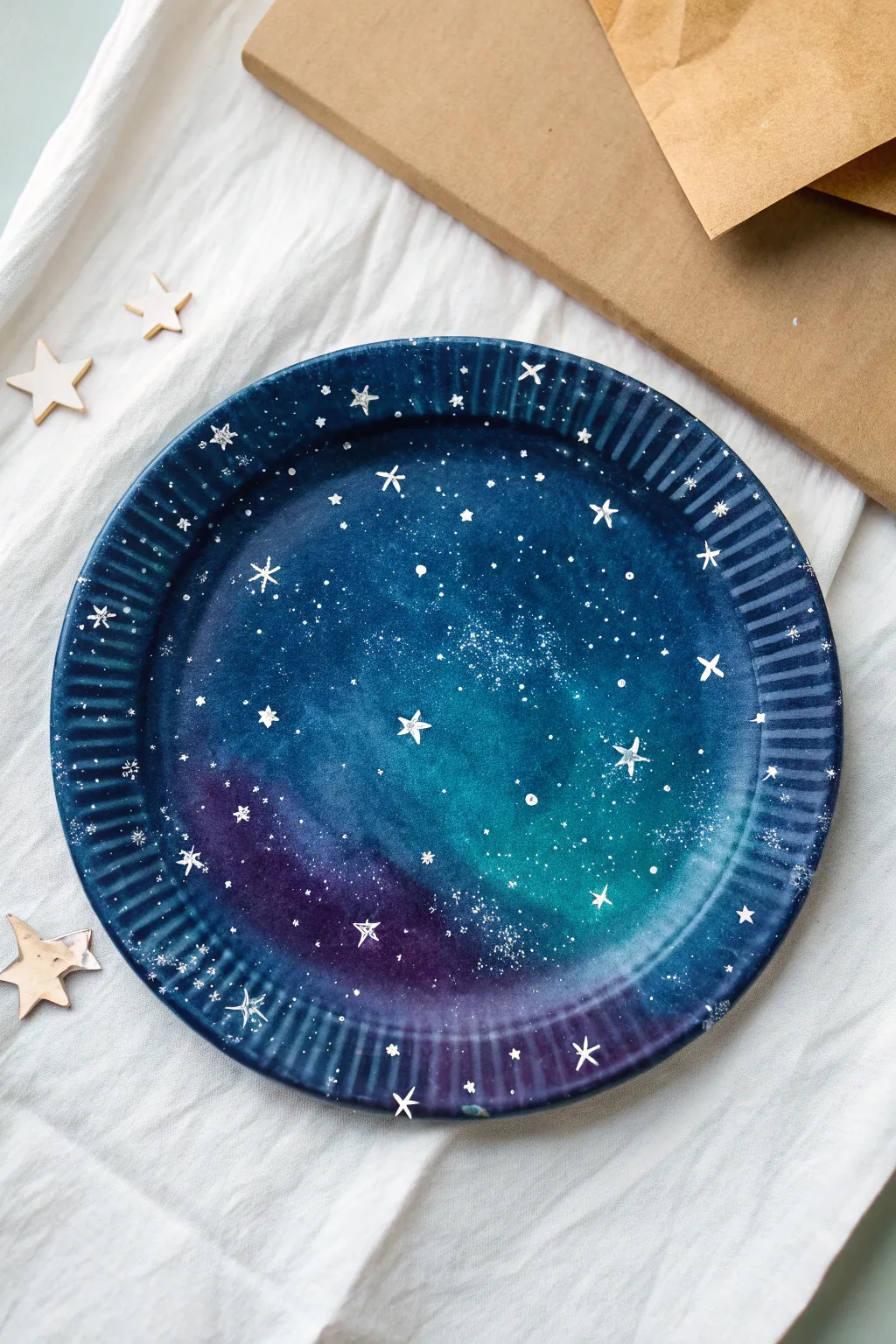 Galaxy splatter paper plate with deep purples and crisp white stars, minimal and dreamy