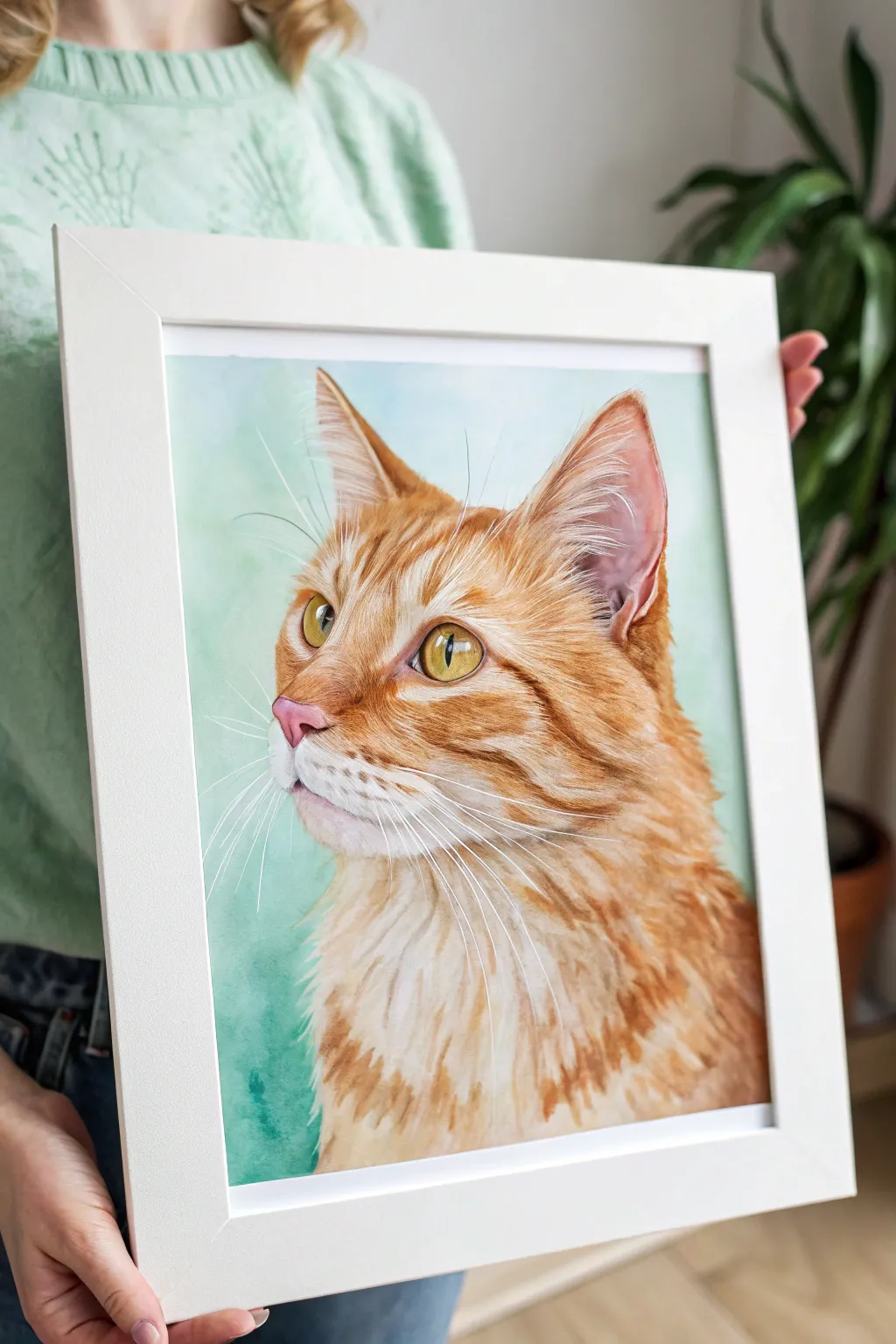 Pastel pet portrait idea: warm fur against a smooth mint backdrop with bright whisker highlights