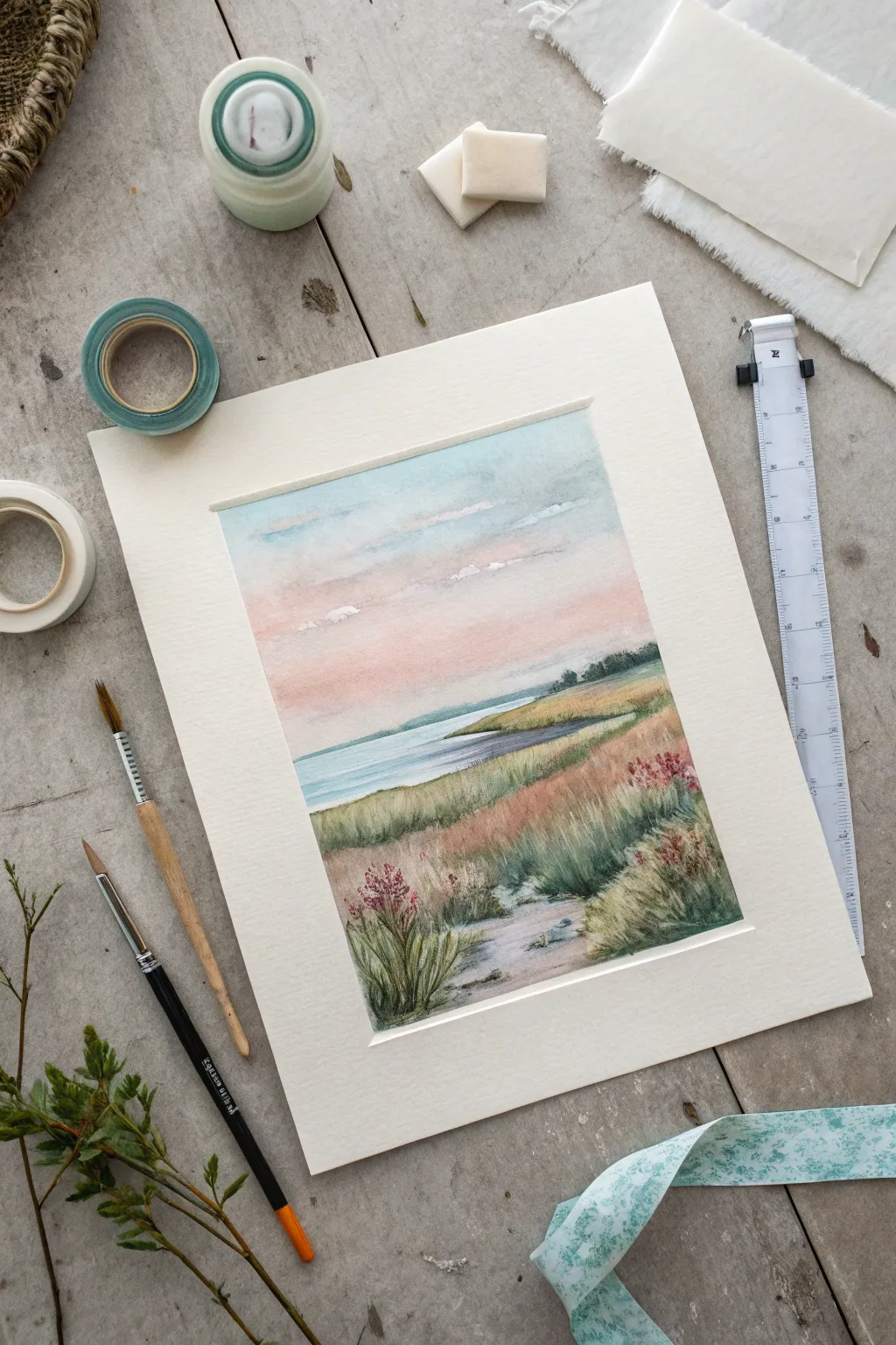 Peel back the tape to reveal a crisp white border framing a soft pastel mini landscape.