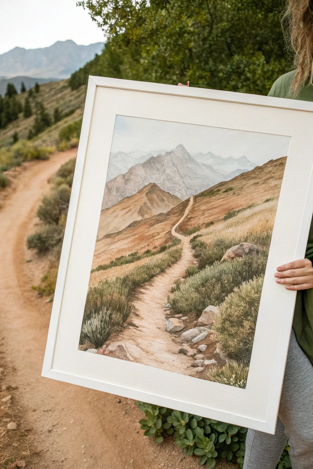 Minimal switchback trail sketch: zigzag path on a calm mountain slope with airy distant peaks