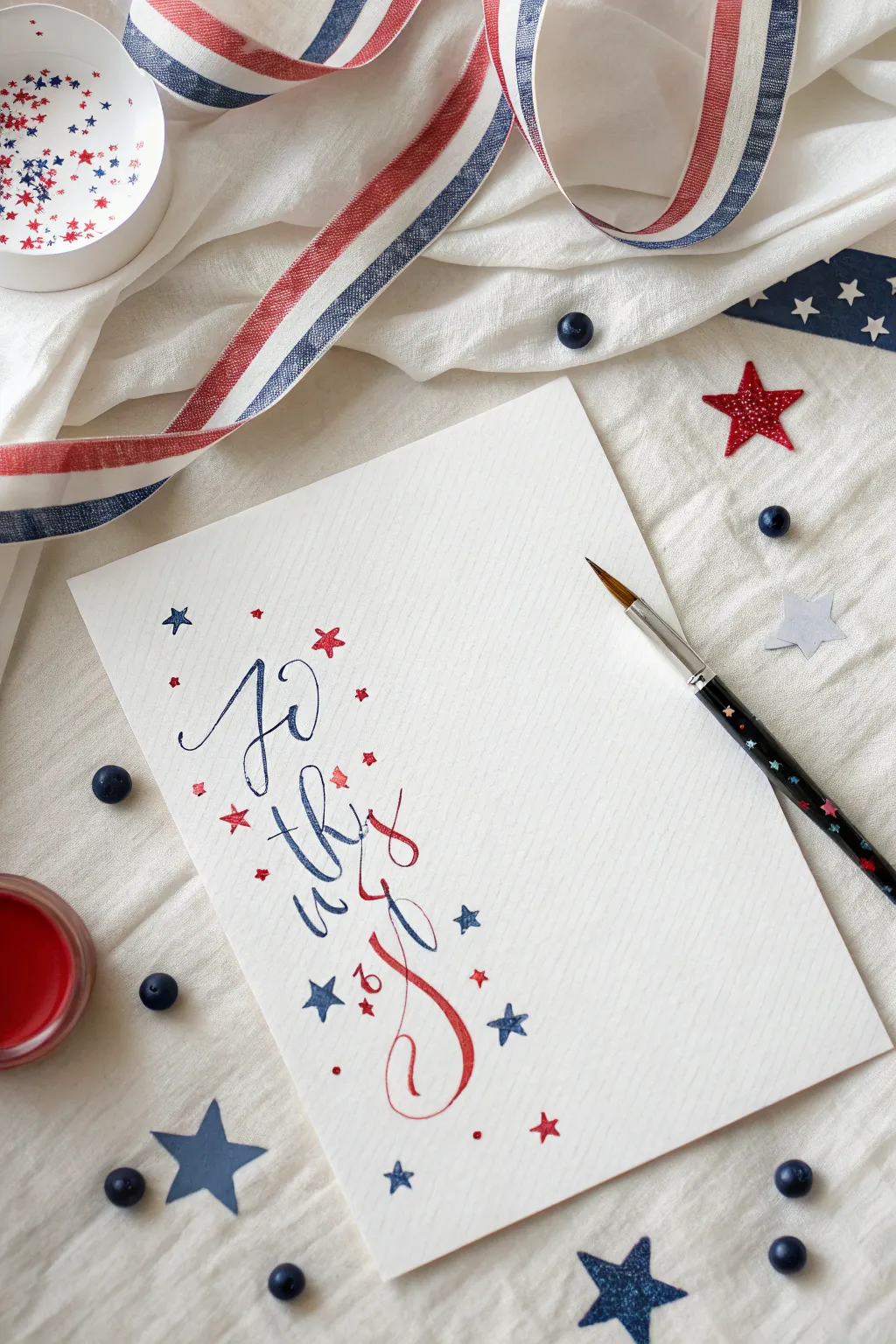 Patriotic brush lettering inspired art with bold red white blue strokes and delicate star accents