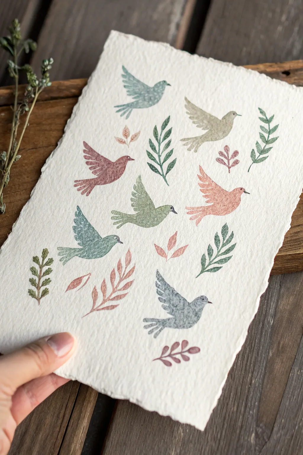Create a calming flock of fingerprint doves, each with an olive branch, in soft modern hues.