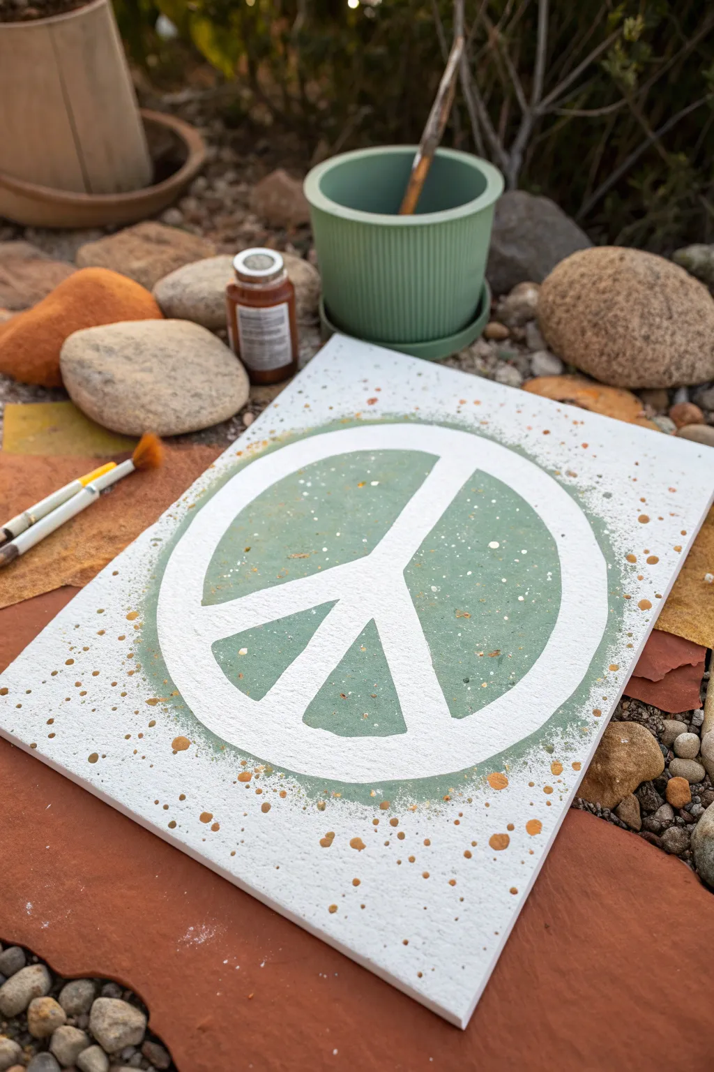 Crisp negative-space peace symbol on a speckled boho wash, calm, modern, and easy to recreate.