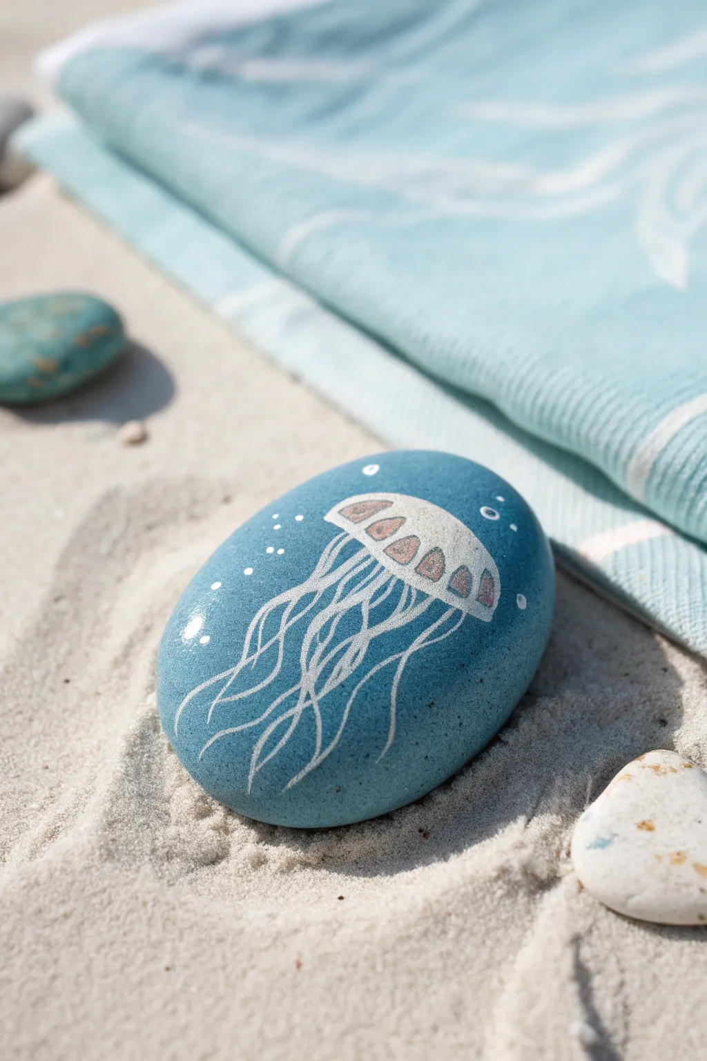 Sea-life pebble rock painting: a hand-painted jellyfish stone on pale sand and soft blue linen