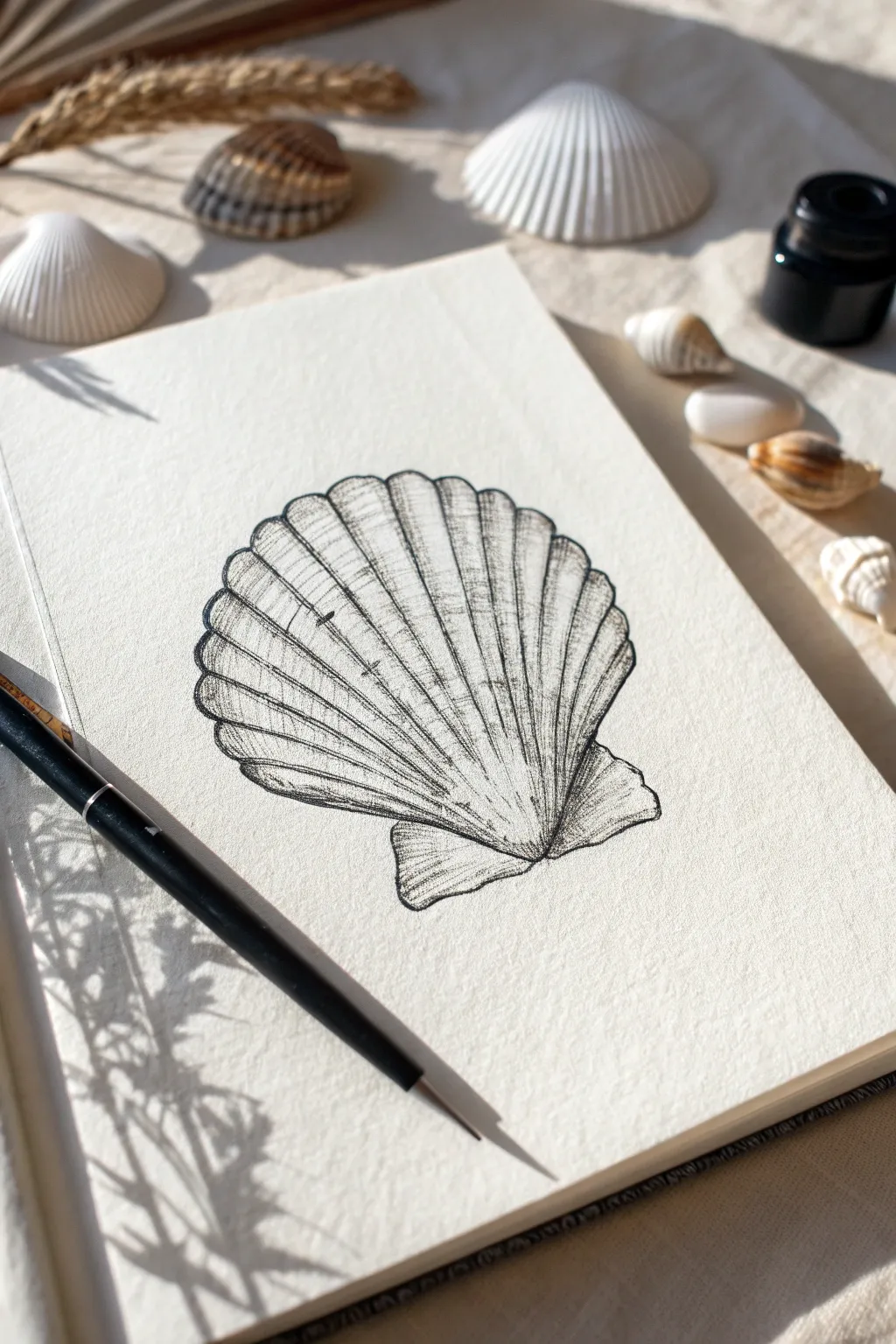 Inverted value pen art: a single seashell in white highlights against a rich black field.