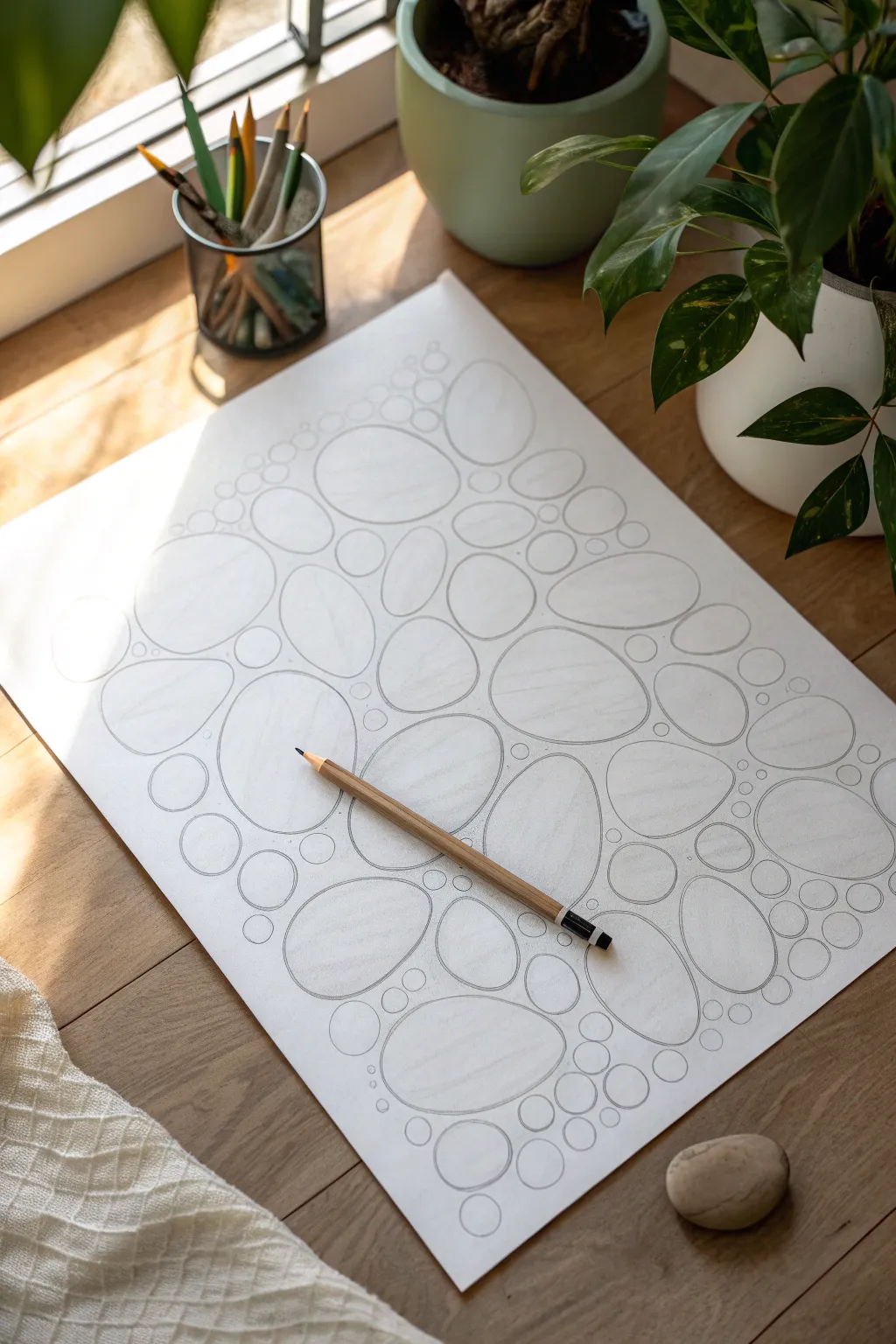 Biomorphic pencil flow: smooth organic shapes with soft shading for a calm abstract study.