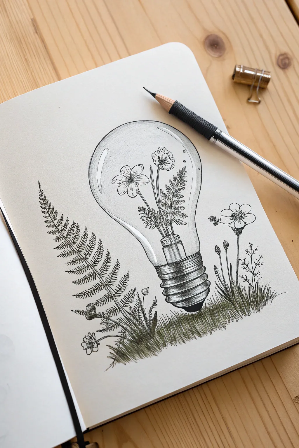 Illuminate your sketchbook with this whimsical floral lightbulb pencil drawing concept.