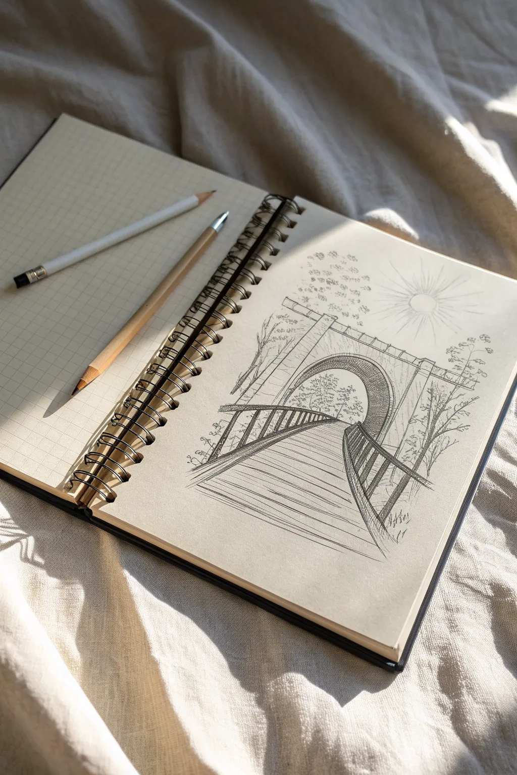 Minimal pencil sketch idea: a one-point perspective bridge leading into a bold, dark portal ring
