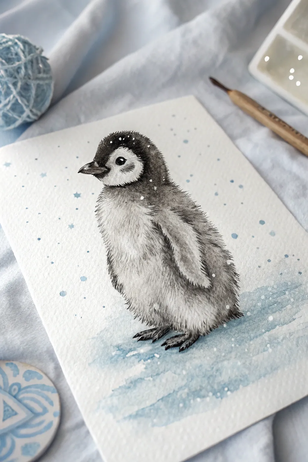 Paint a fluffy baby penguin in soft watercolor with snowy wash and gentle gray shadows.