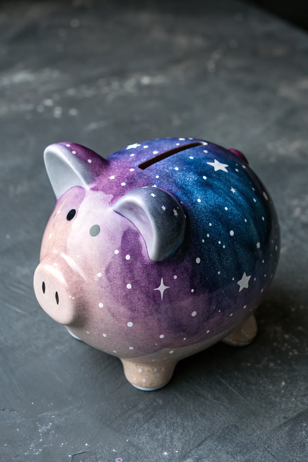 Galaxy-painted piggy bank with dreamy nebula blends and crisp star splatter in high contrast