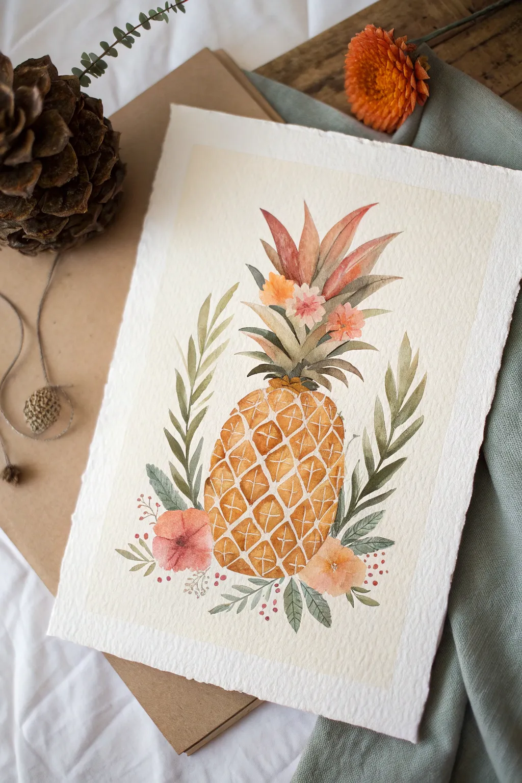 Pineapple with a warm floral crown, a minimalist boho watercolor idea with bold contrast