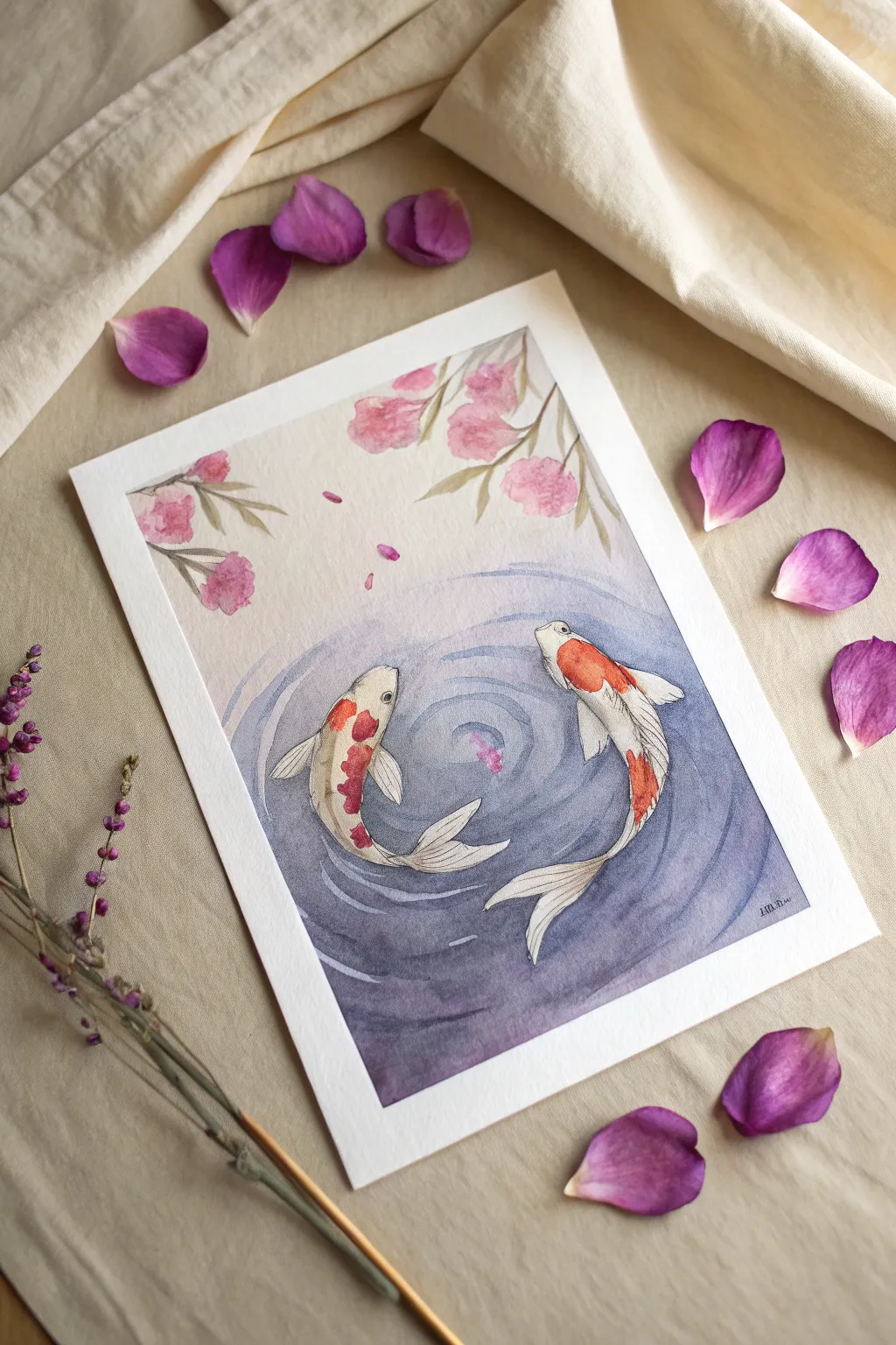 Pink and purple koi pond painting idea with ripples and soft petals in a calm minimalist style