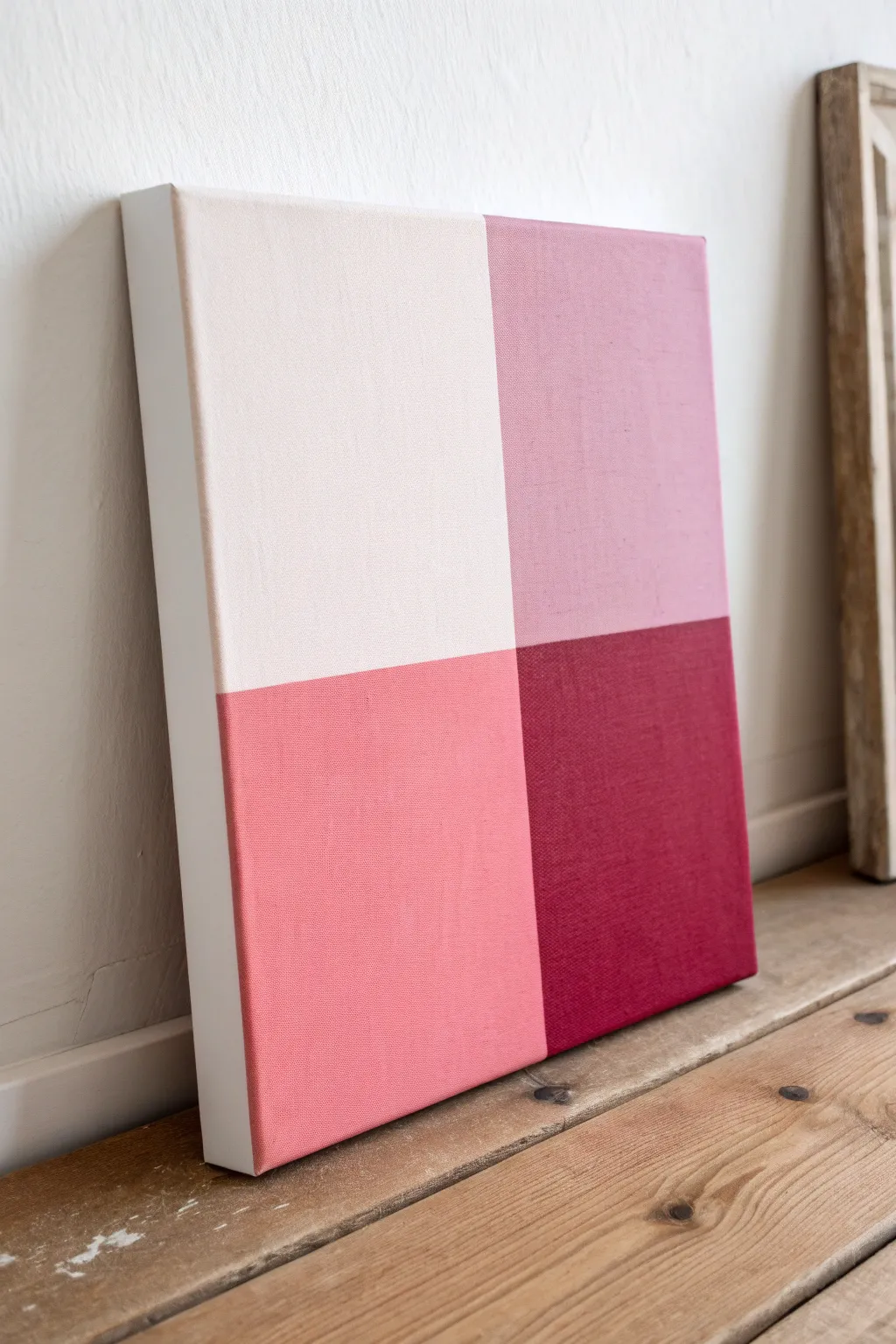 Pink color-block minimal canvas with crisp edges, airy negative space, and modern Scandinavian calm