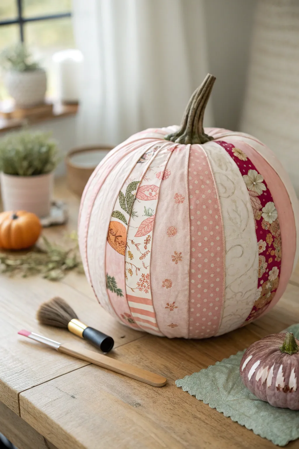 Soft pink pumpkin decoupage with patterned paper layers for a chic minimalist-boho look