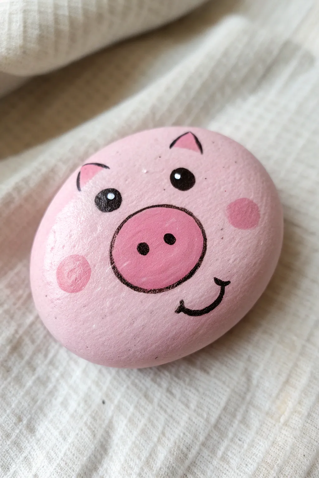 Cute pink pig face rock painting with simple lines, rosy cheeks, and clean minimalist charm.