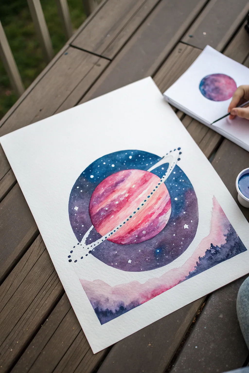 Bold planet surrounded by dreamy nebula clouds, a minimalist watercolor idea to recreate.