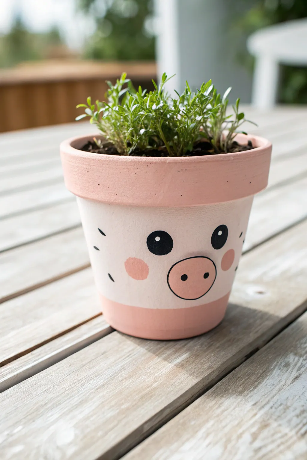 Paint a charming farm animal planter: minimalist pig pot with cozy boho details in soft patio light
