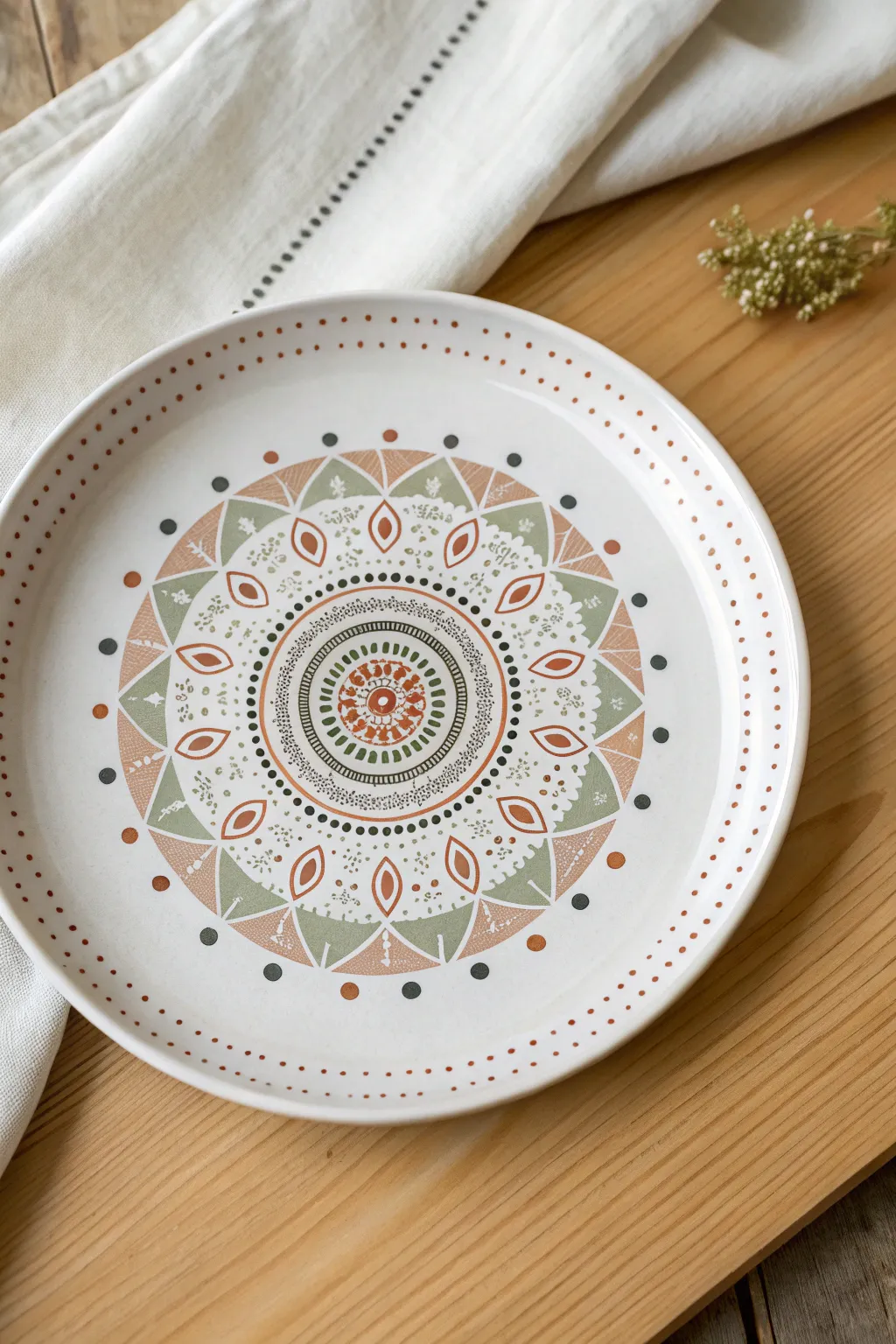 Calm dot mandala plate painting, centered and crisp, with minimalist tools and warm boho tones