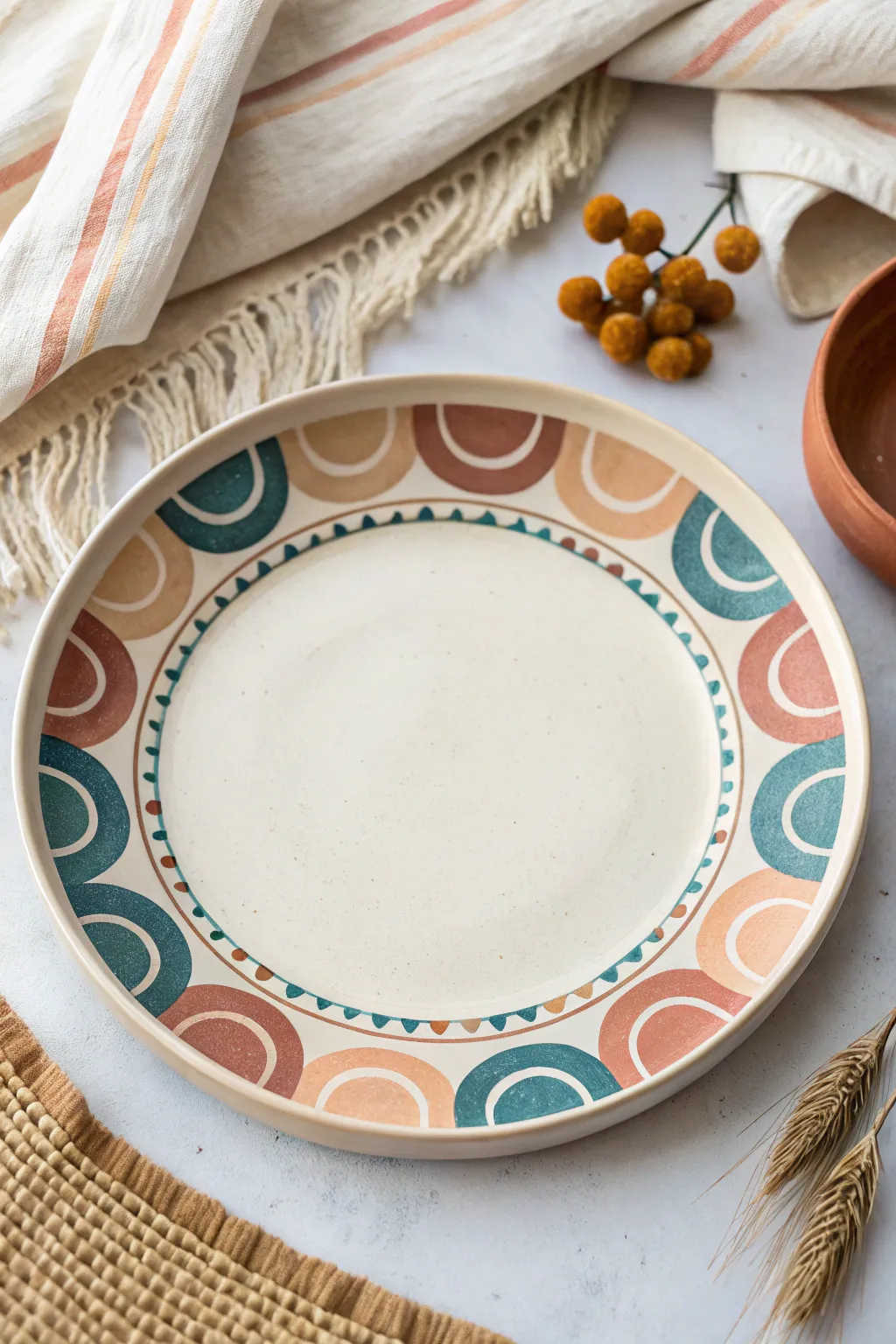 Abstract color-block arches on a hand-painted platter for a modern Scandinavian boho table.