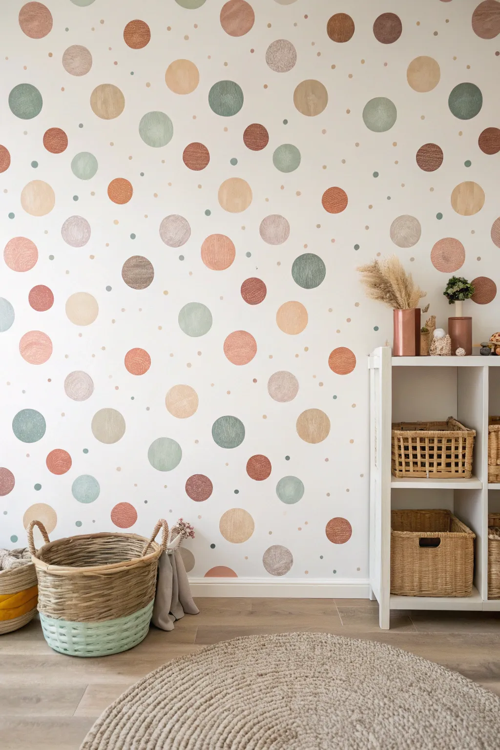 Hand-painted polka dots bring playful energy while keeping a calm, minimalist playroom vibe.