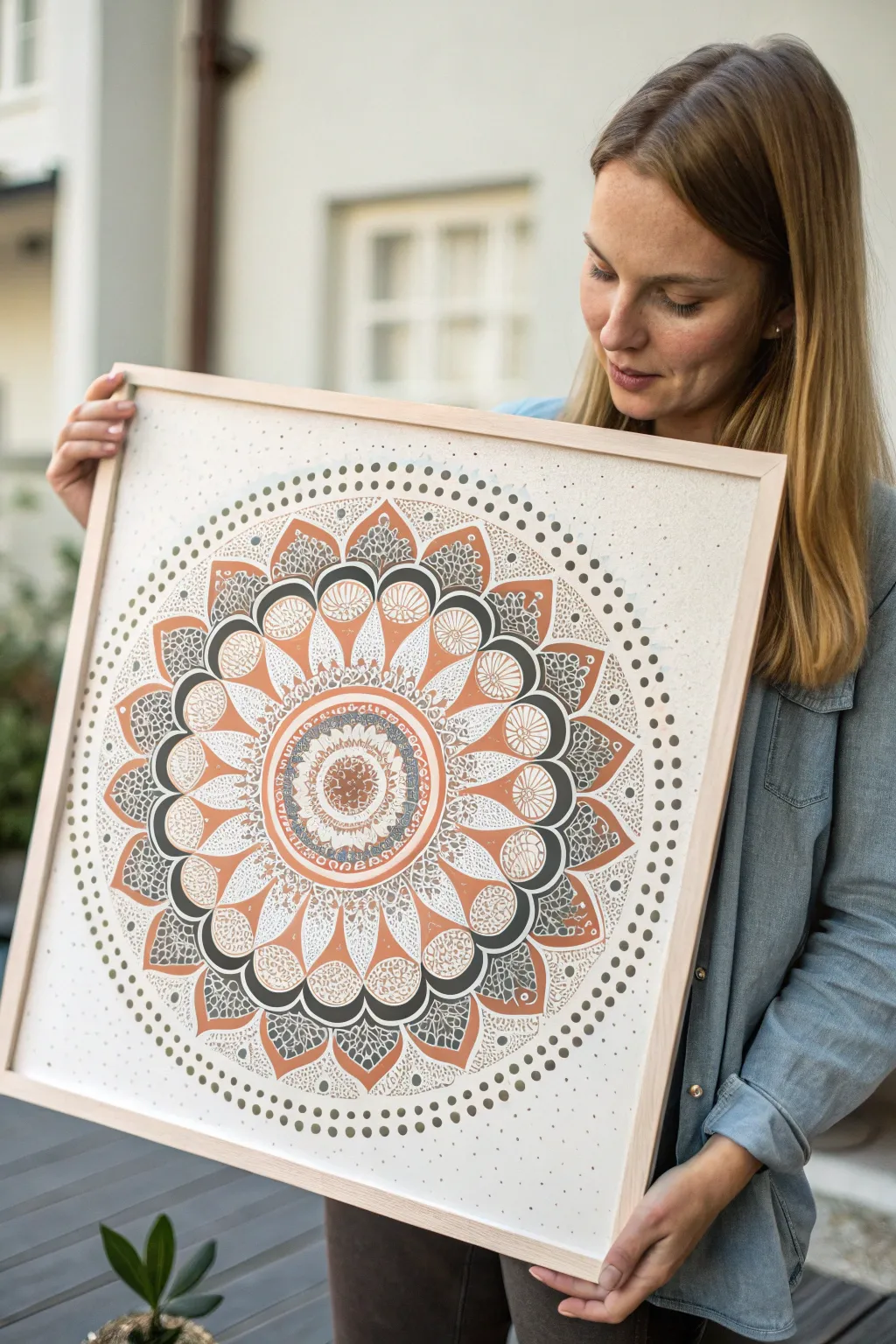 Minimal dot-ring mandala in a calm Scandi palette, crisp contrast and handcrafted pointillism detail.