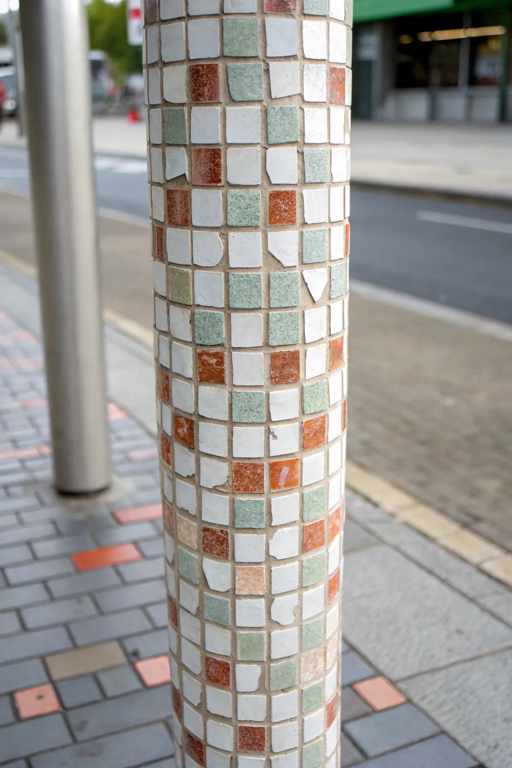 Painted pole tile mosaic illusion with crisp faux grout lines in soft Scandinavian boho tones.