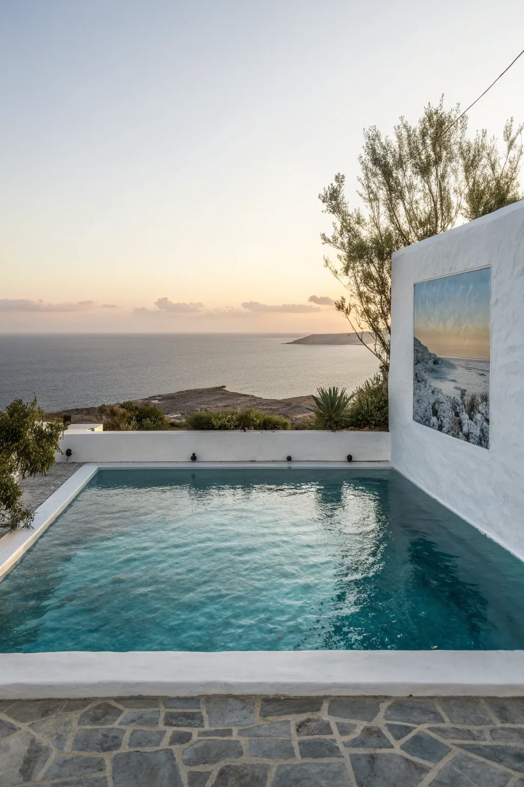 Hand-painted infinity pool mural aligned to the waterline, stretching the backyard to the horizon.