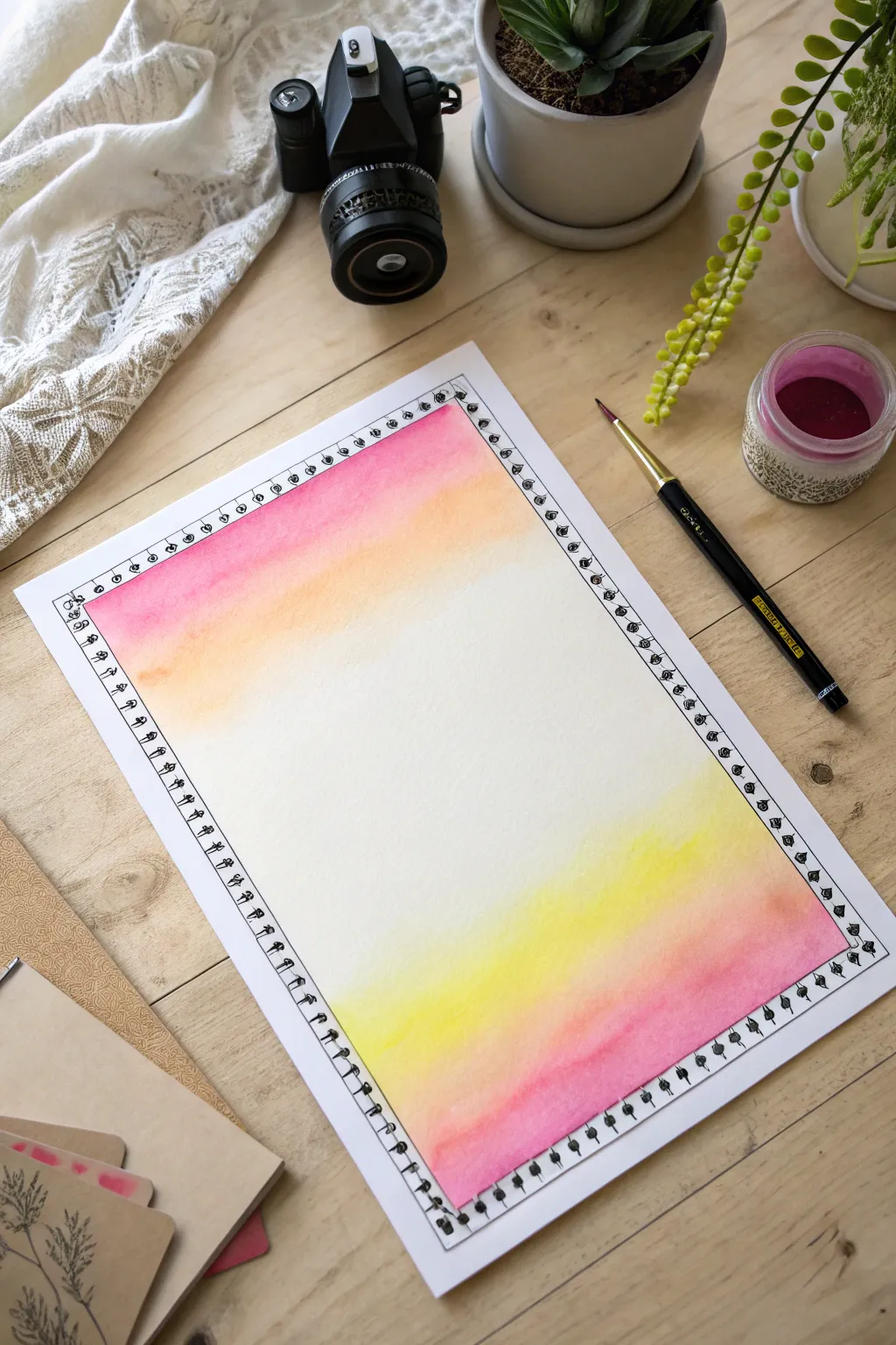 Neon gradient pop backdrop framed with bold black ink scribbles, clean Scandi styling.