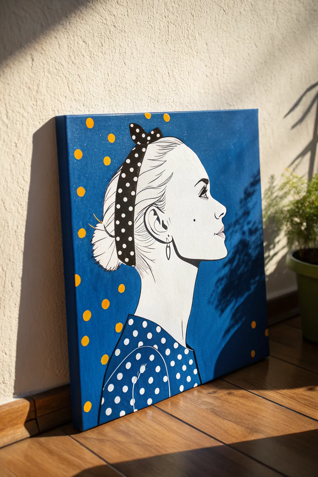 Bold pop art silhouette collage on a painted canvas, crisp cuts and playful dots in high contrast