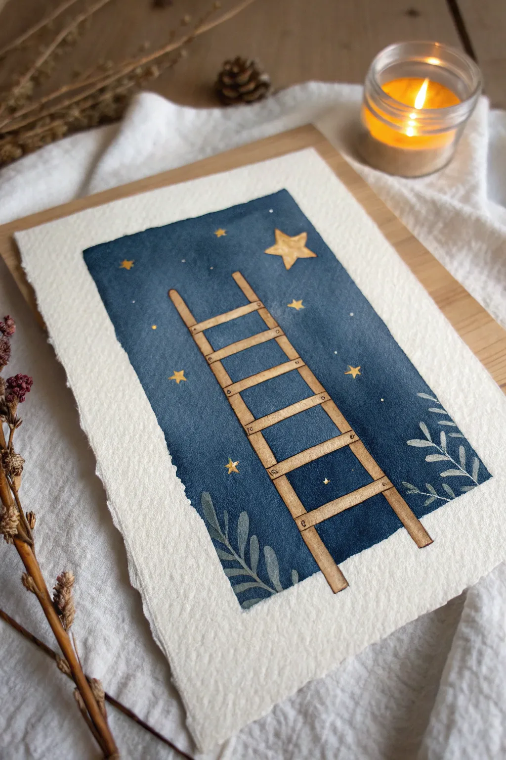 A cozy ladder into the night sky, reaching one glowing star—simple, hopeful, and handmade.