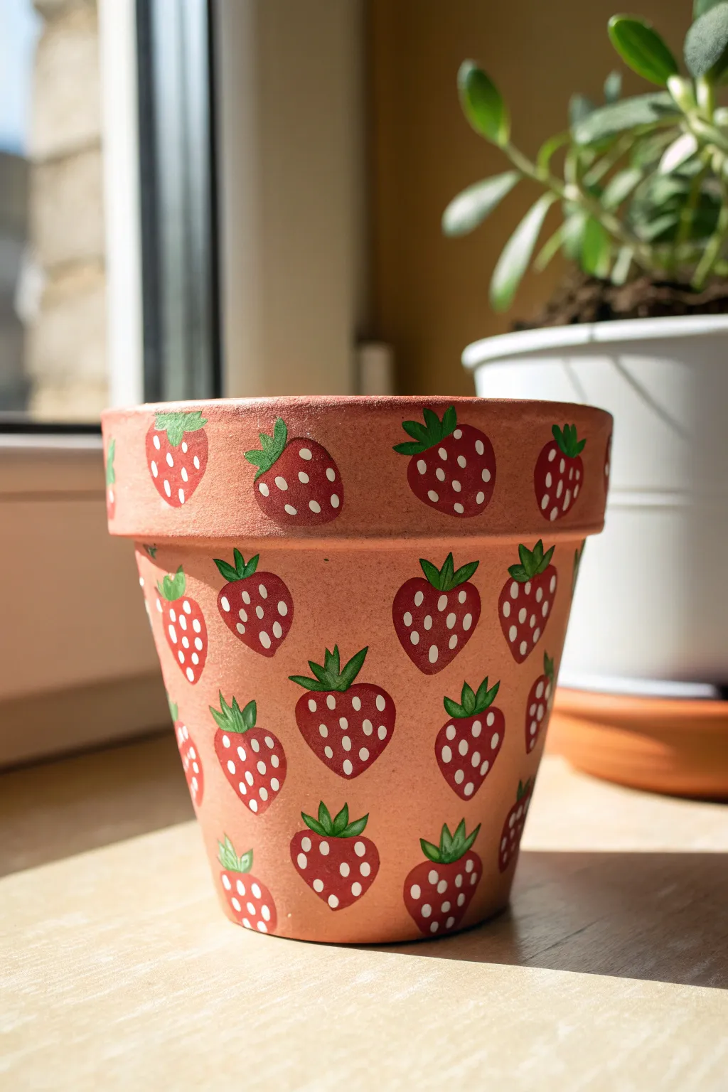 Hand painted pot with cute strawberry repeat print, styled in minimalist Scandinavian boho tones