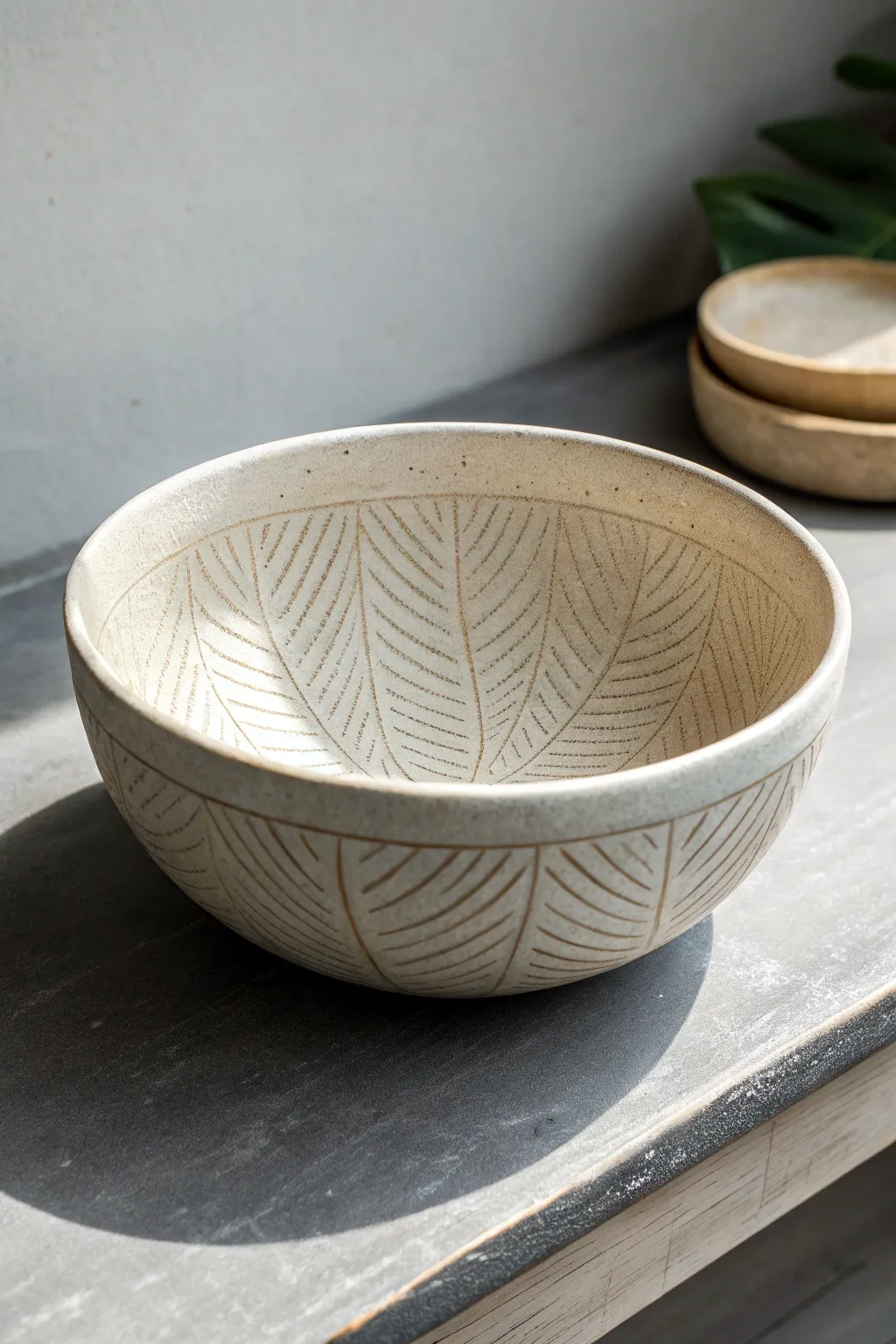 Crisp mishima inlaid lines and raking light reveal subtle texture on a minimalist bowl