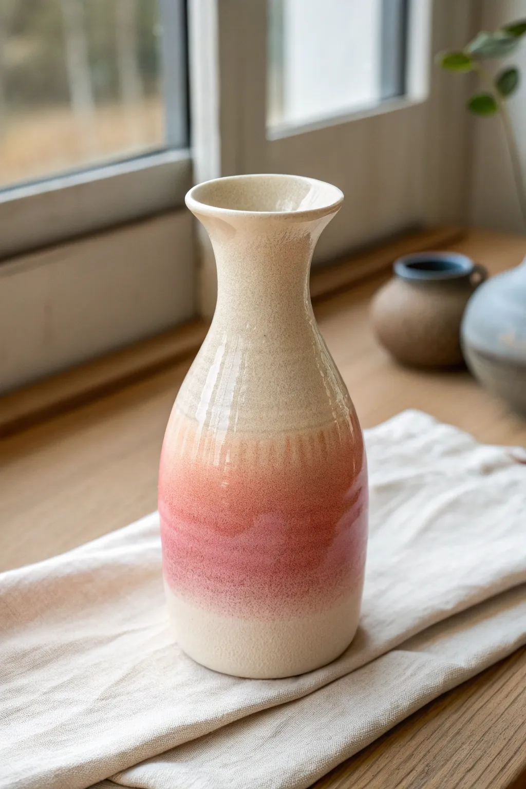 Soft blush-to-cream ombre vase in gentle window light, minimal styling and calm boho warmth