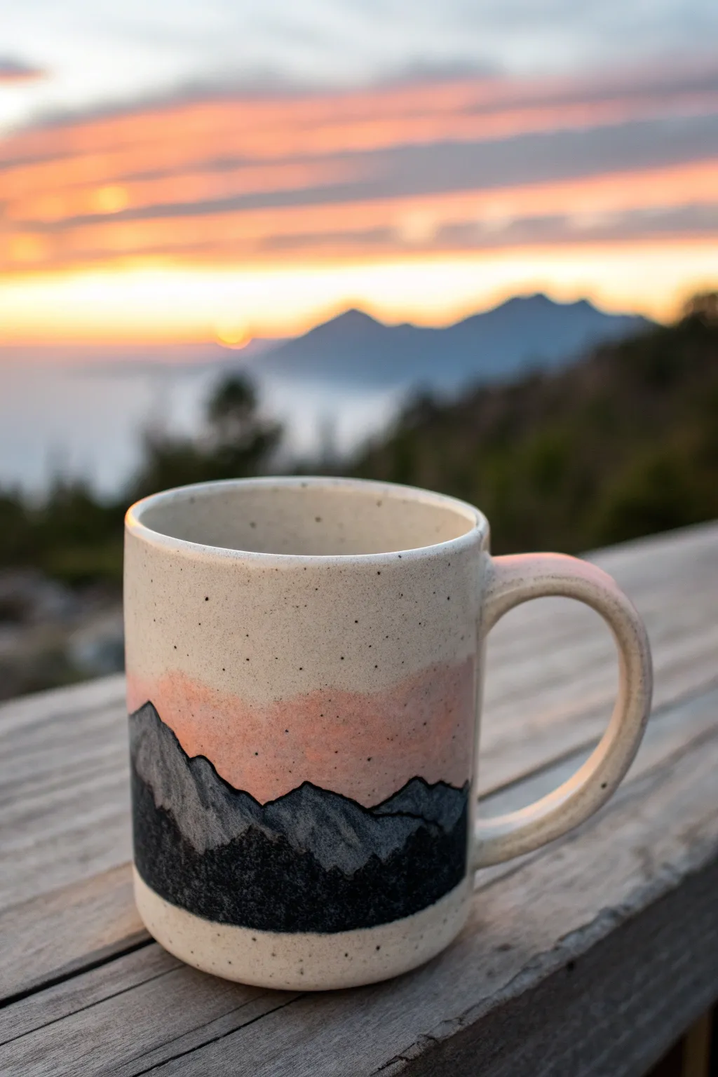 Sunset gradient mug with bold mountain silhouettes, minimalist boho vibes plus a hand shot for scale