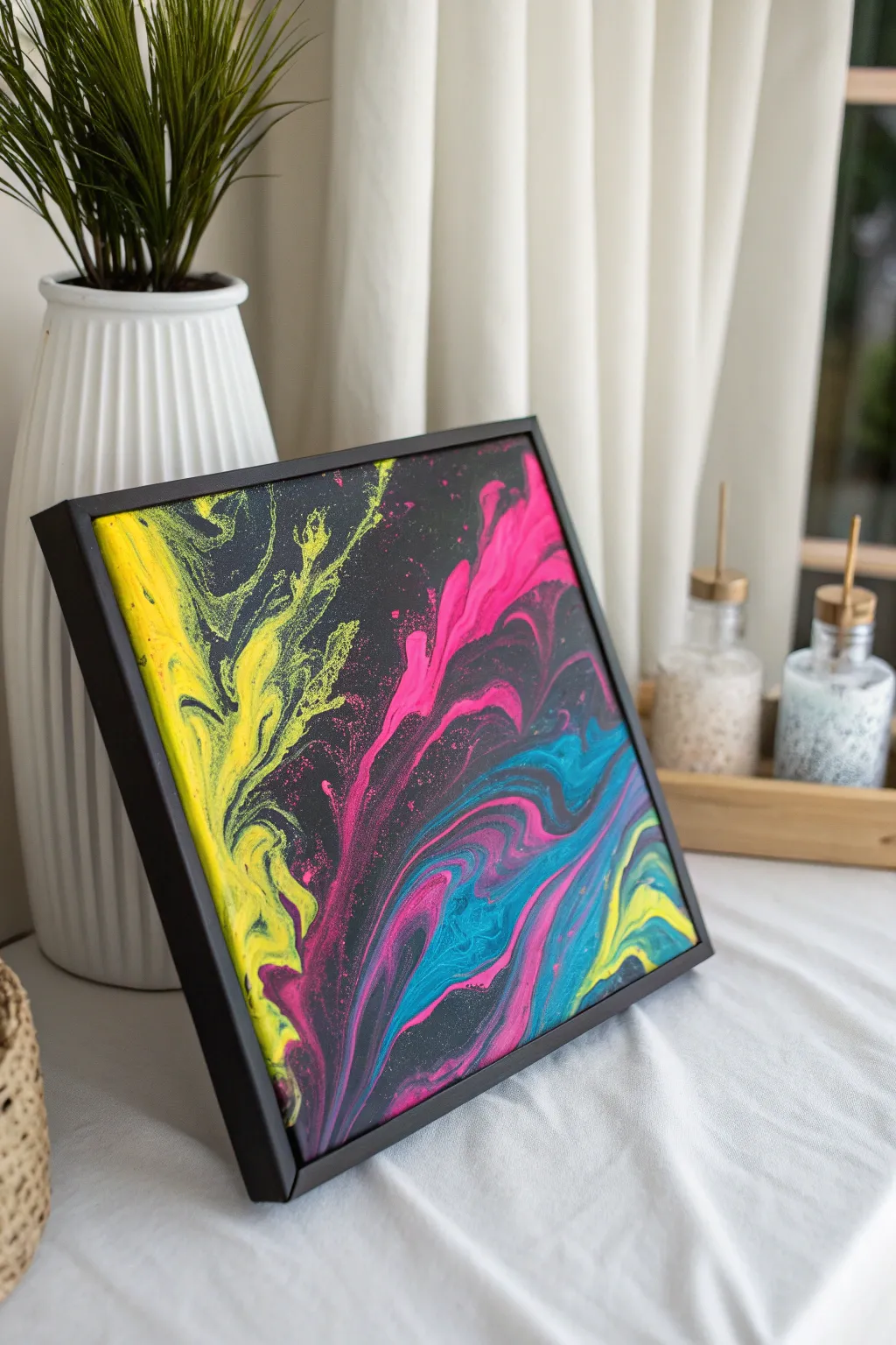 Neon yellow, pink, and blue cells exploding over matte black for ultra-crisp contrast.