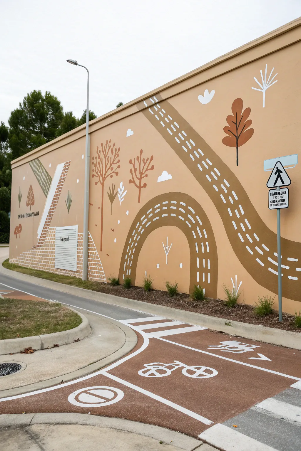Minimal road mural with crosswalk, roundabout, and parking spots for toy car play