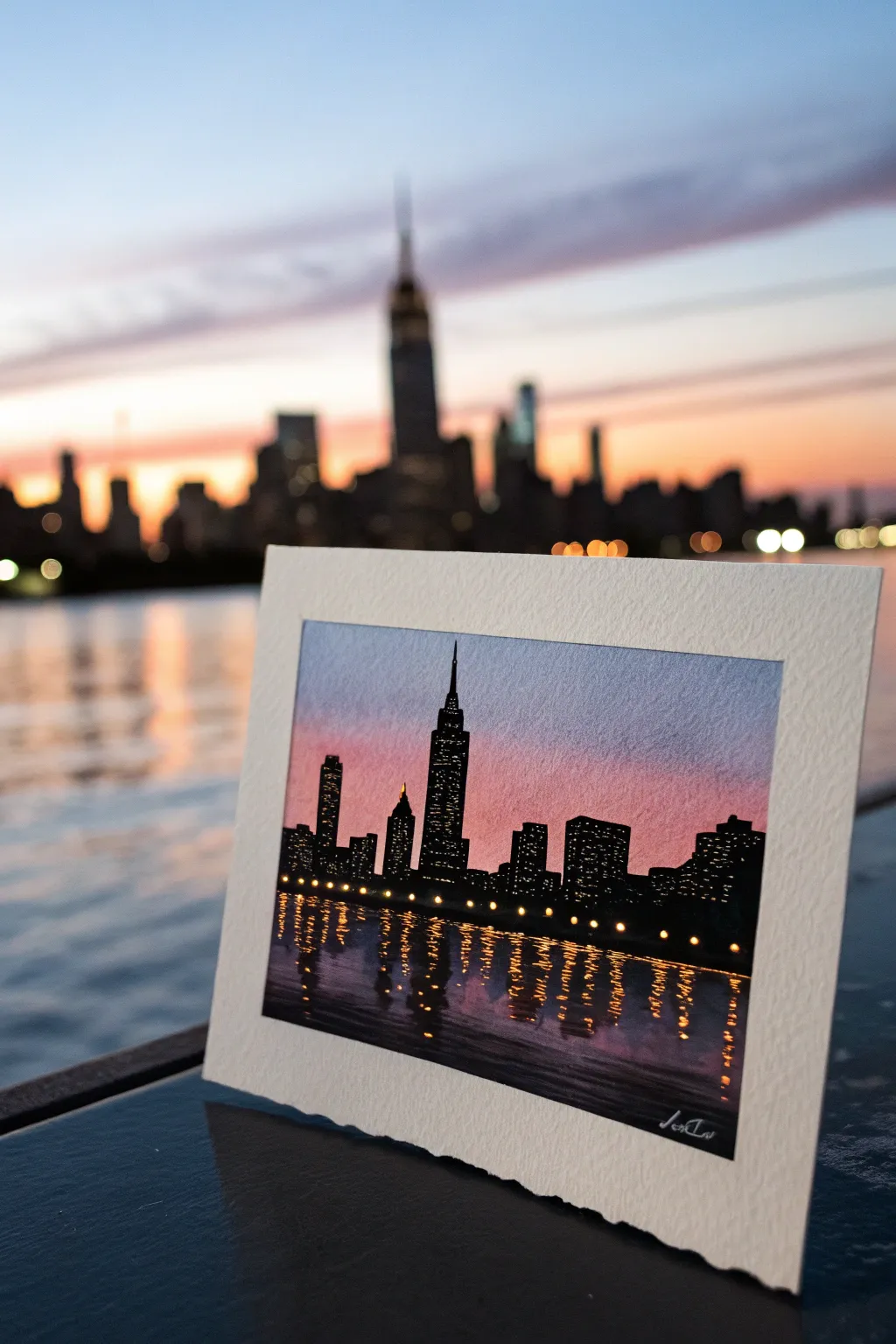 Romantic dusk skyline silhouette with twinkly dotted windows and a soft gradient sky glow.