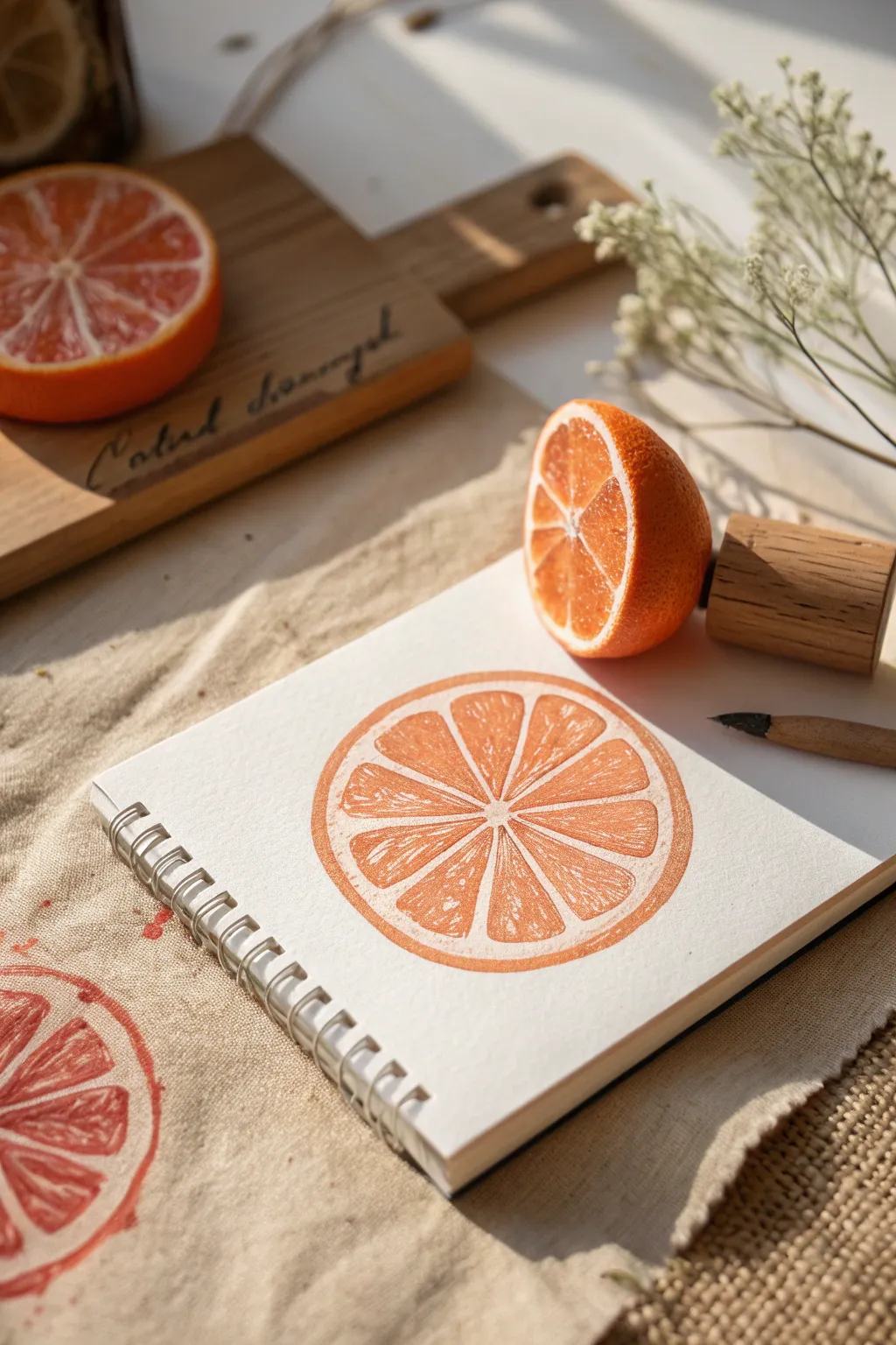 Fruit cross-section stamping: one bright citrus ring print on a clean page for easy print drawing.