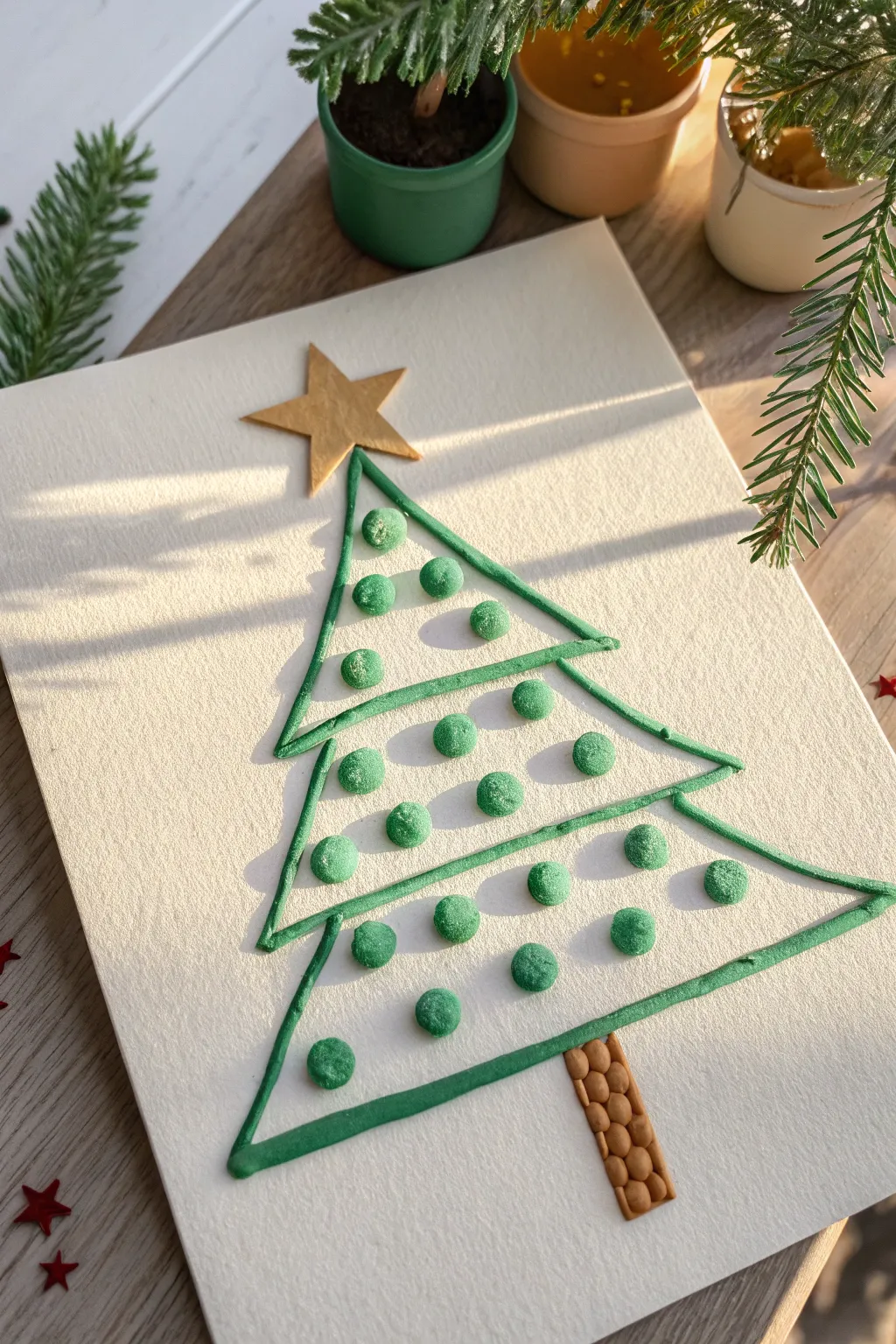 Minimal puffy paint holiday tree with raised ornaments and star, crisp light showing texture.