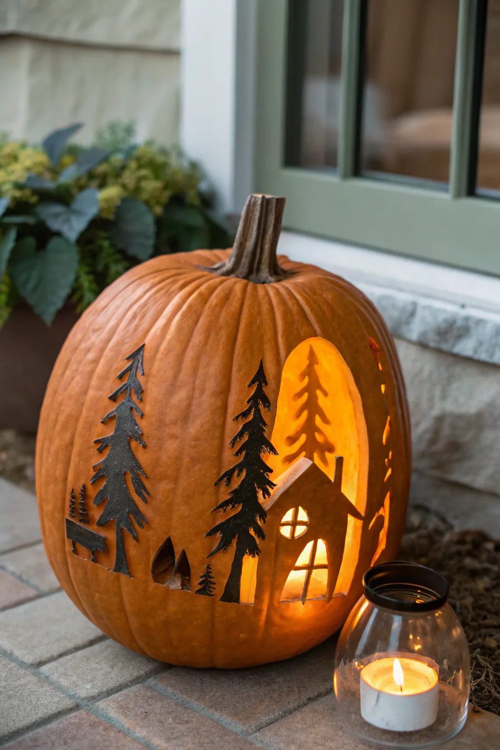 Minimalist pumpkin diorama windows with softly lit painted forest scene for cozy autumn craft.