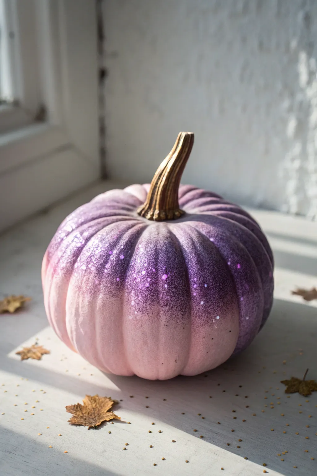 Violet-to-blush ombre pumpkin with a subtle glitter crown that sparkles in angled light