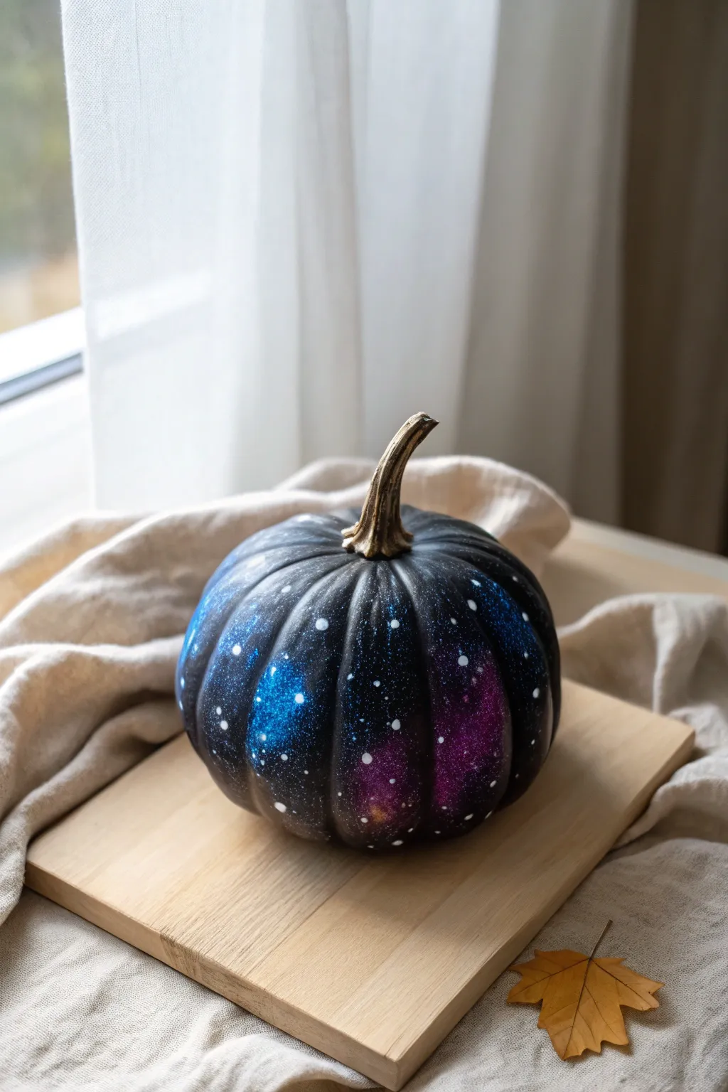 Galaxy night-sky pumpkin with simple star dots, a kid-friendly painting idea to try today