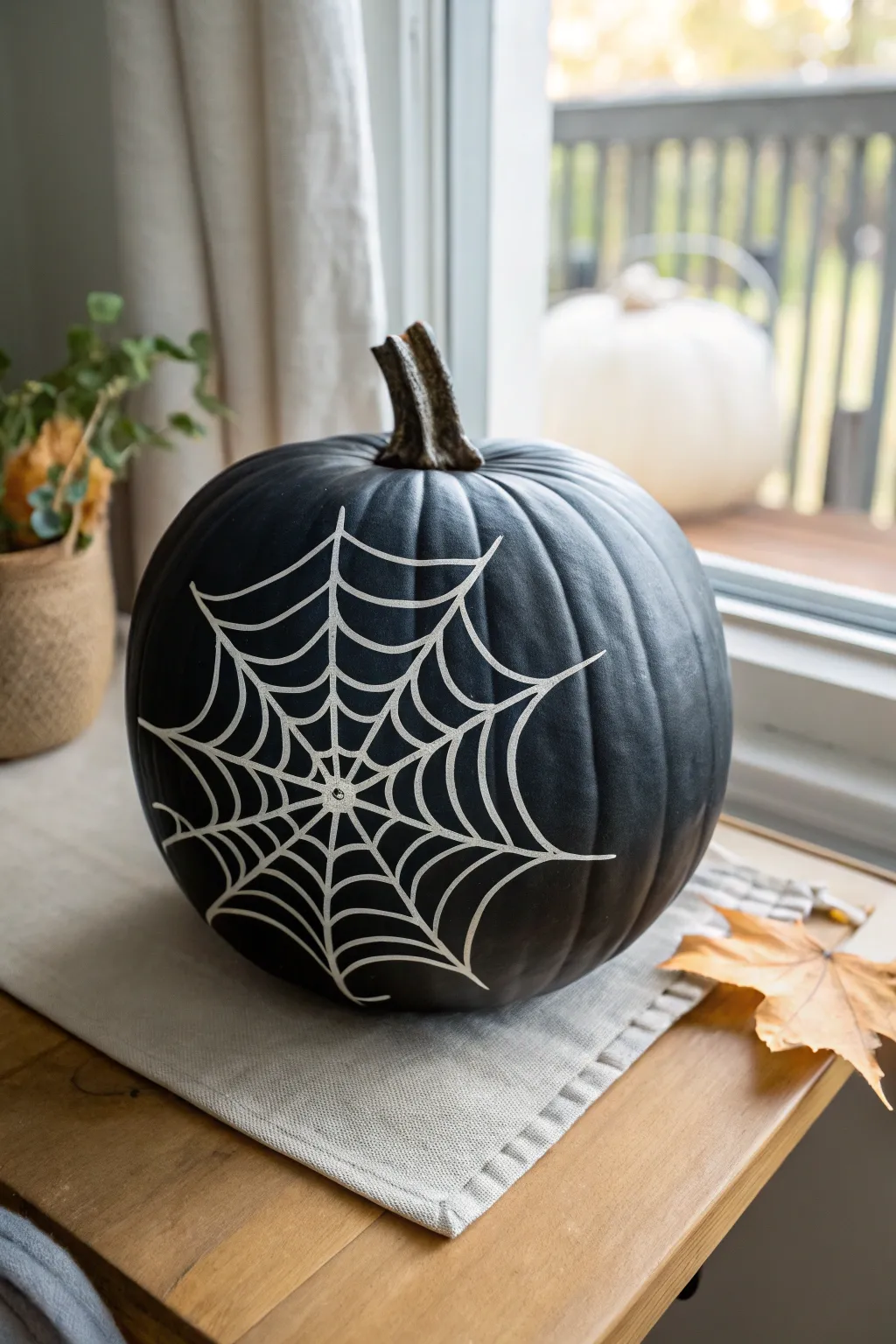 Minimal black pumpkin with bold negative space spiderweb for an elegant Halloween look