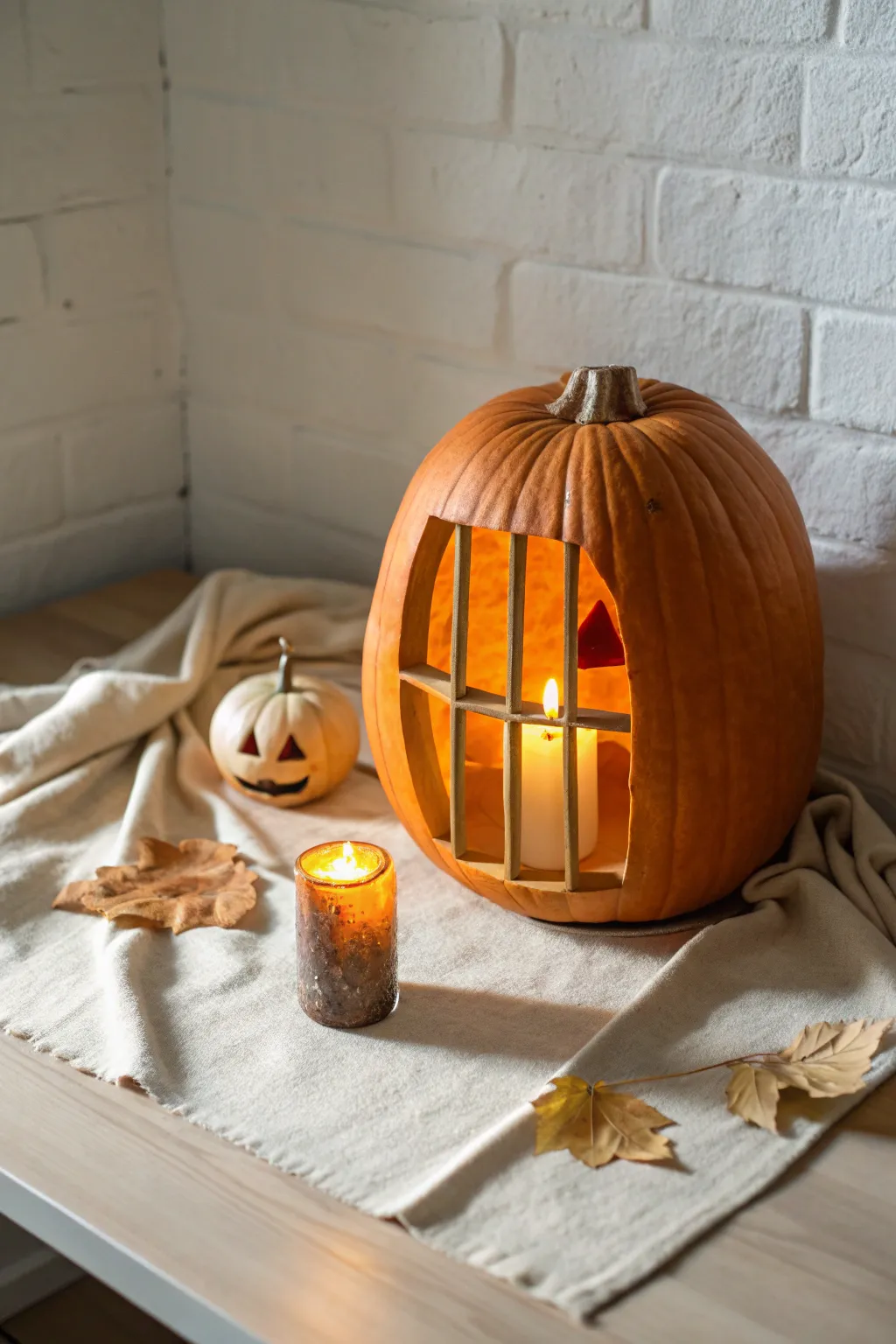 A minimalist pumpkin prison scene with glowing bar shadows and a mini pumpkin captive inside