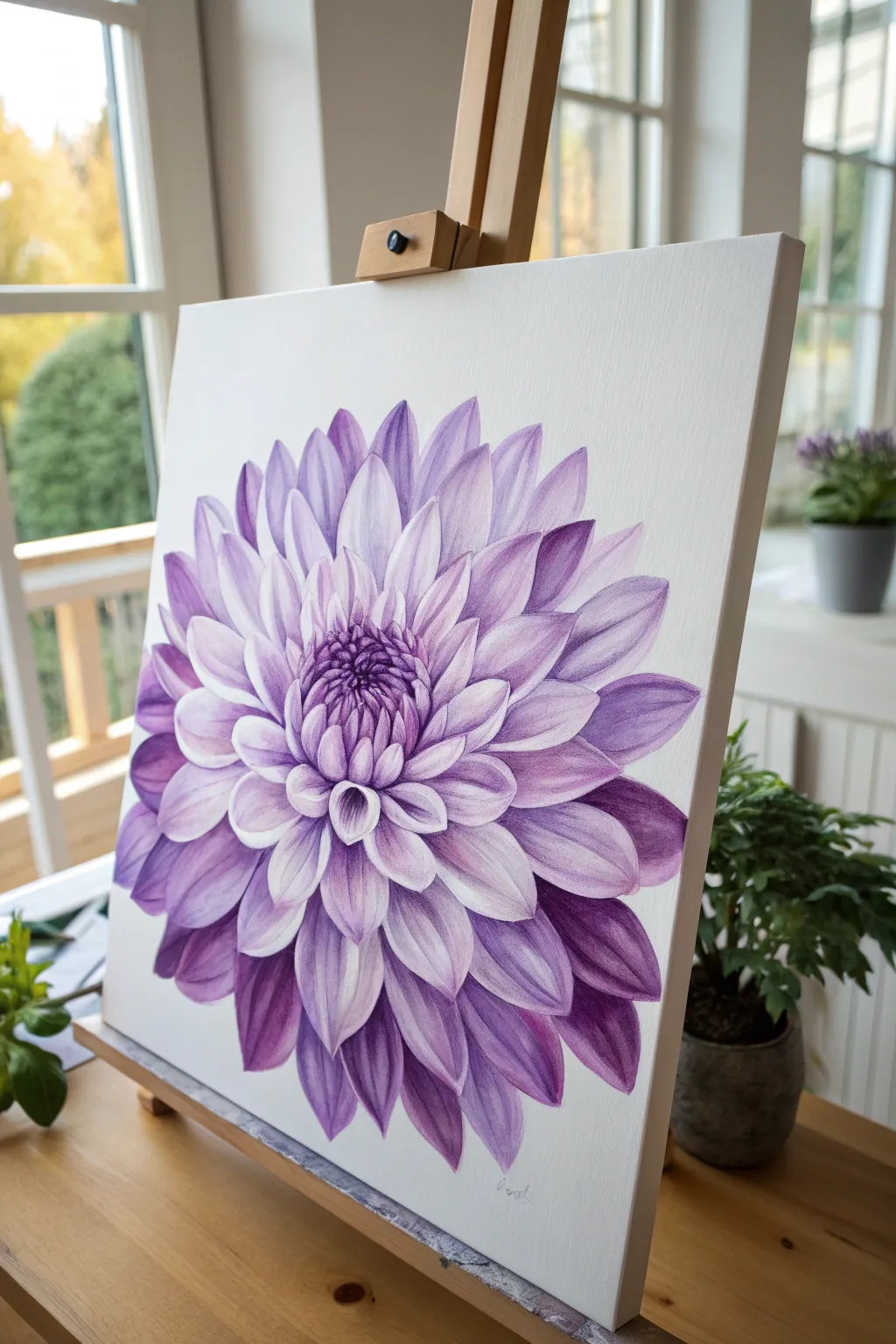 Single purple flower acrylic study with plum-to-lavender petals on a calm minimalist background.