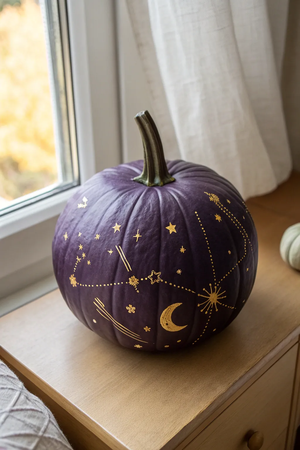 Celestial constellations and moon phases on a dark purple pumpkin, minimalist and dreamy