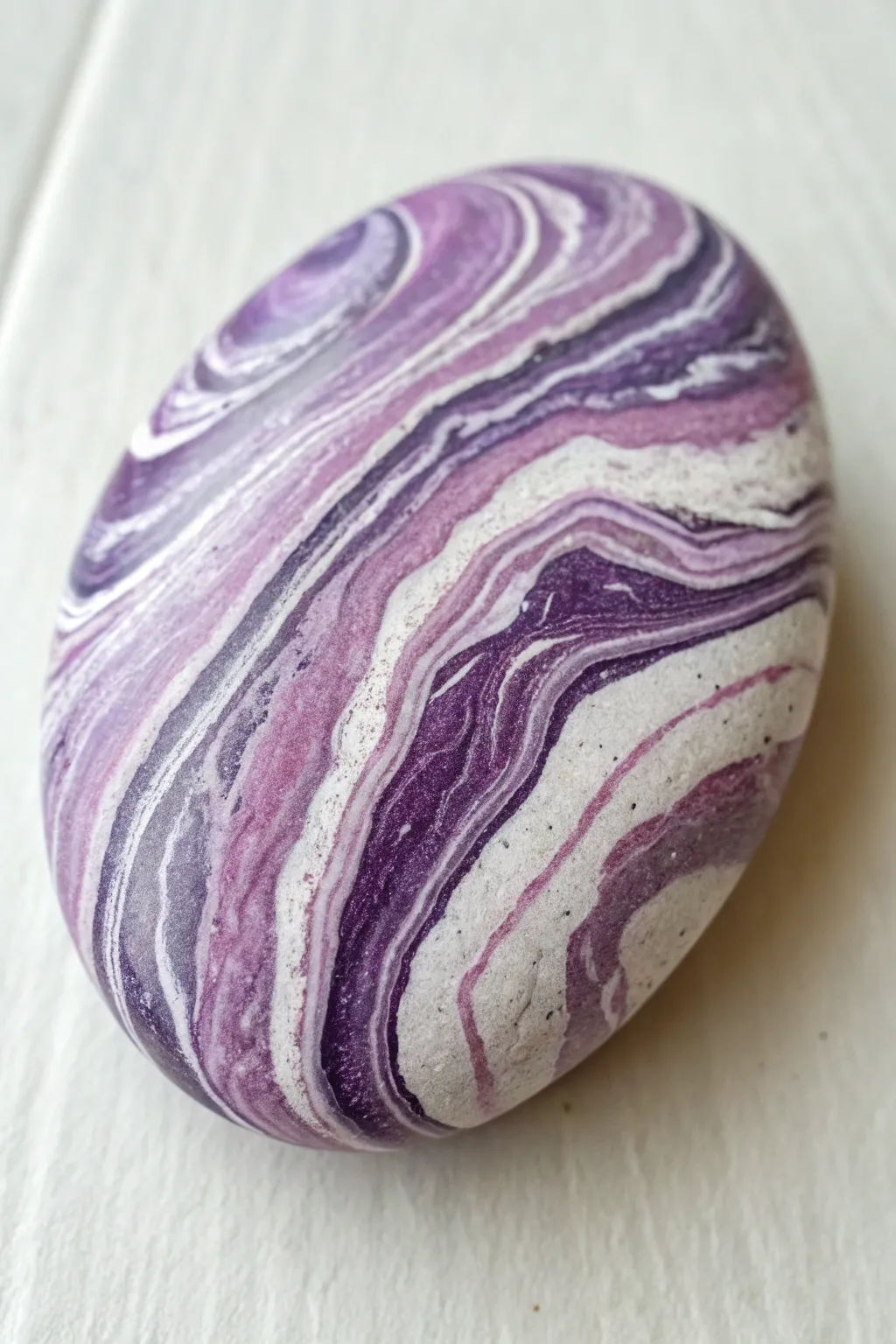 Marbled purple and white swirls on a smooth rock, minimalist styling with crisp contrast